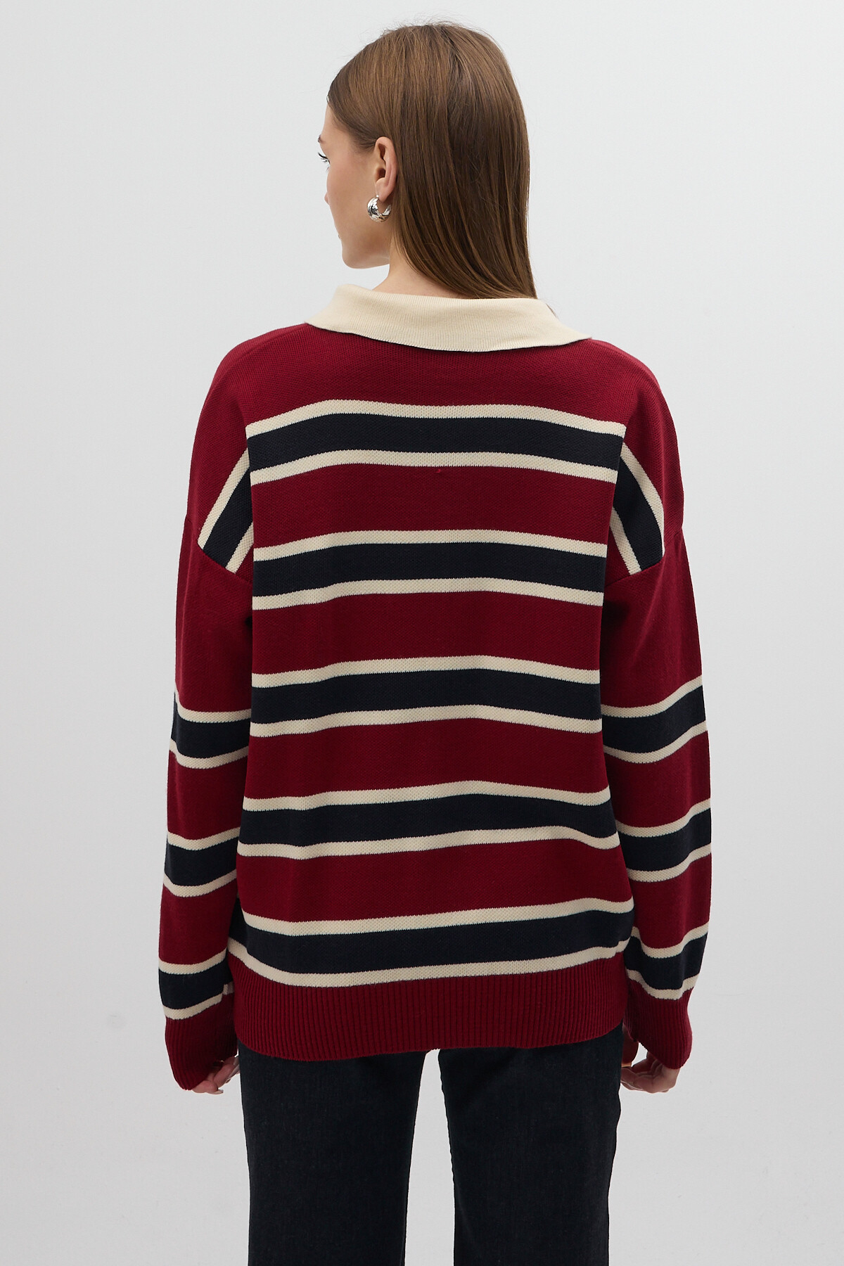 Bordo Çizgili Polo Yaka Kadın Kazak 1018 - 5