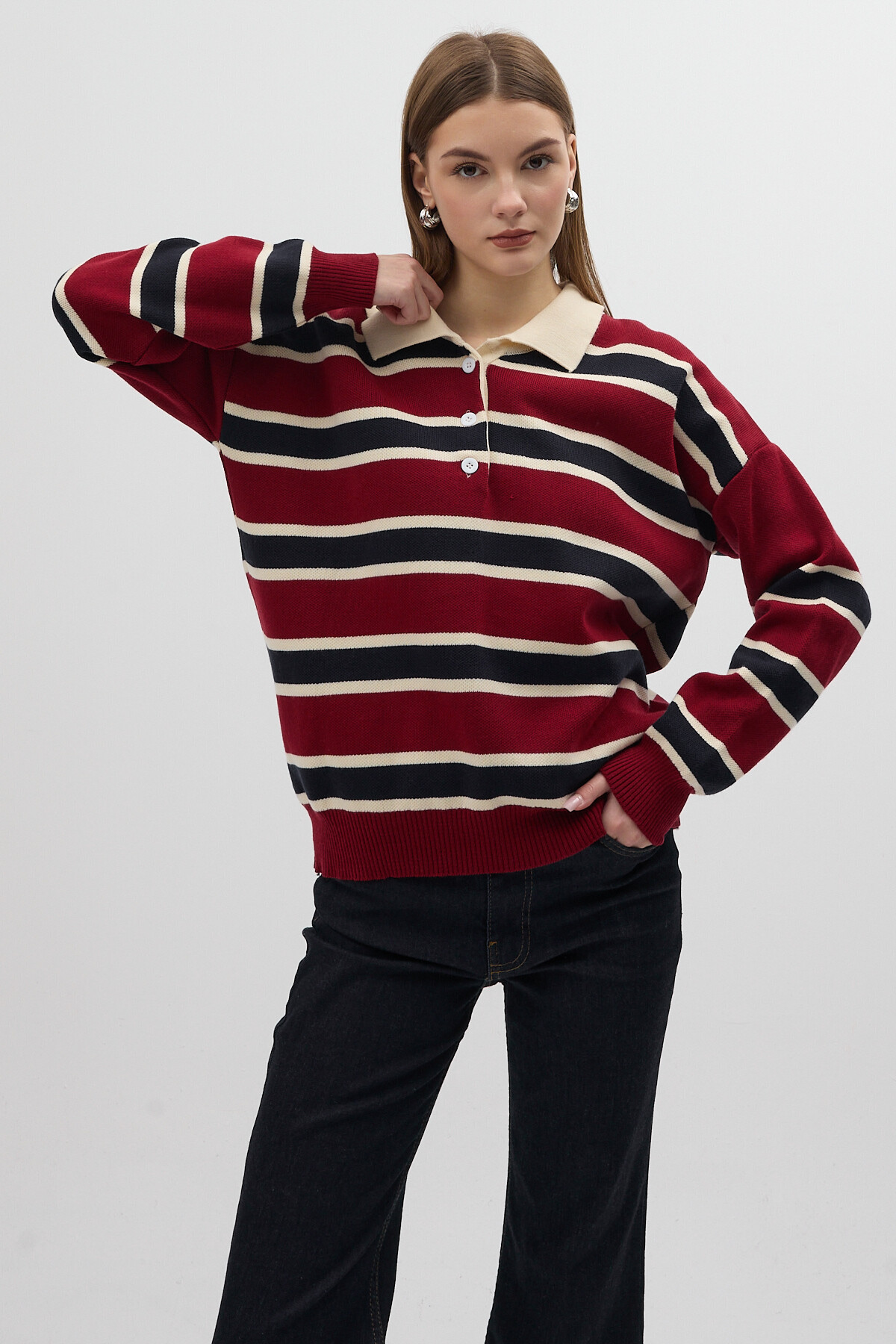 Bordo Çizgili Polo Yaka Kadın Kazak 1018 - 6
