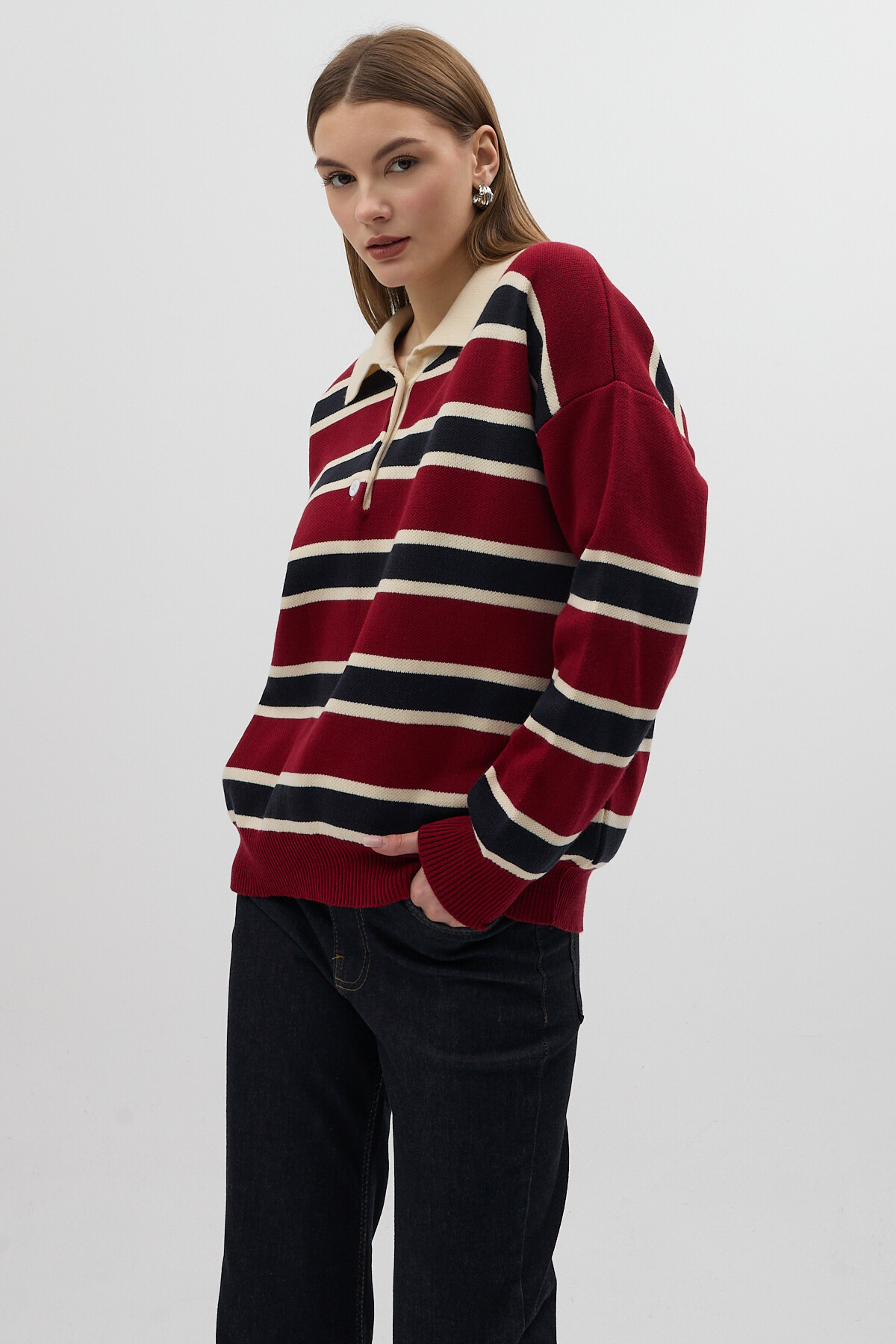 Bordo Çizgili Polo Yaka Kadın Kazak 1018 - 7