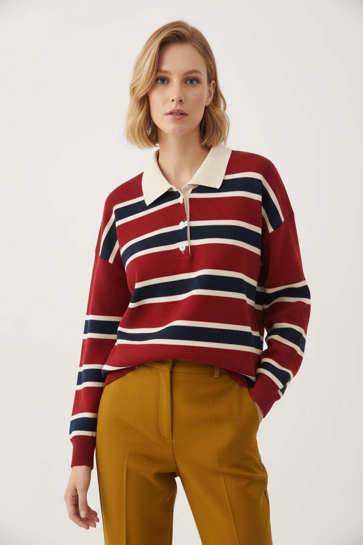 1018 Polo Yaka Çizgili Sweat Bordo - RAYS