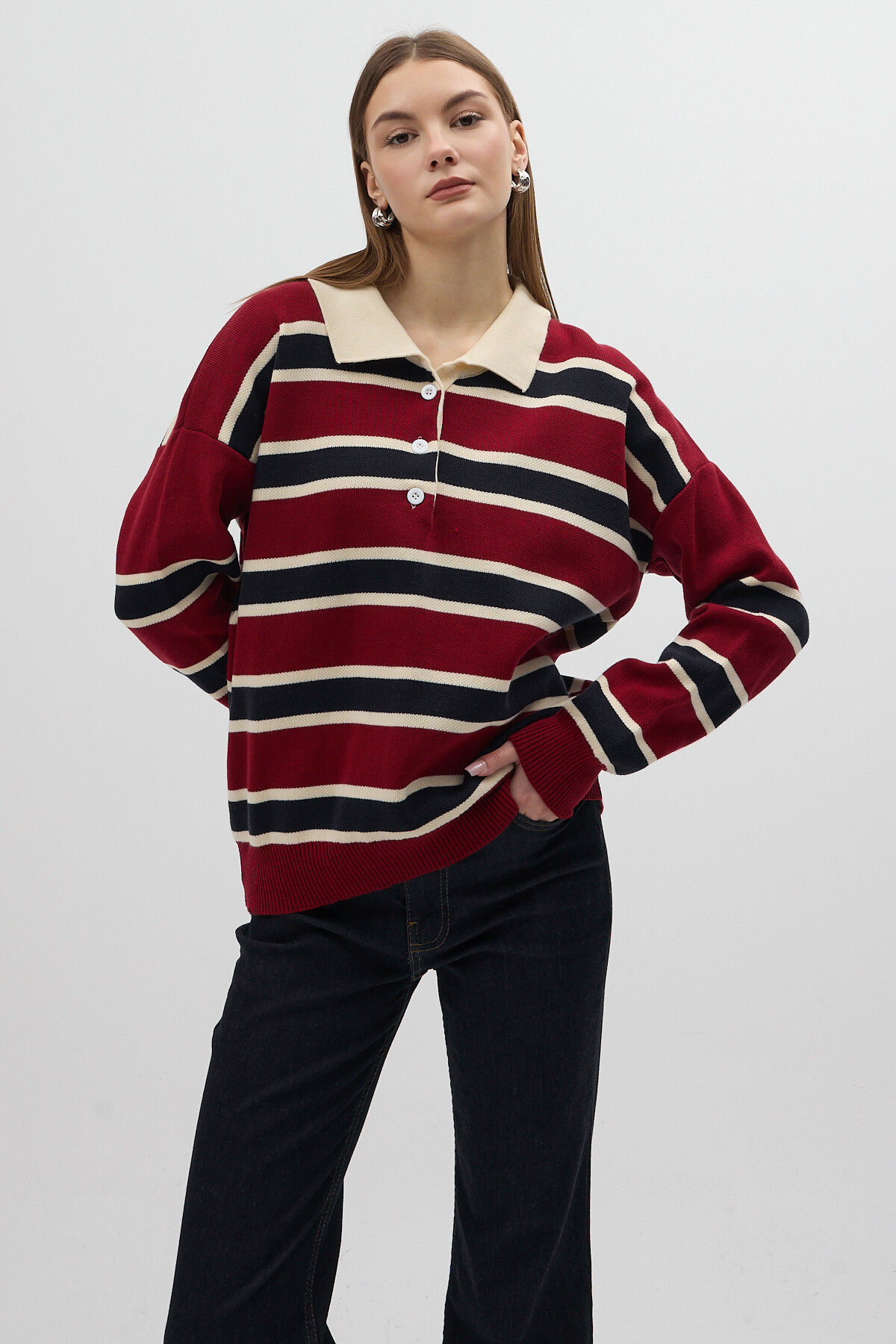 1018 Polo Yaka Çizgili Sweat Bordo - RAYS (1)