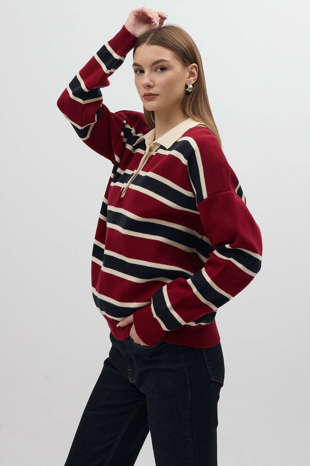 Bordo Çizgili Polo Yaka Kadın Sweatshirt 1018 - RAYS