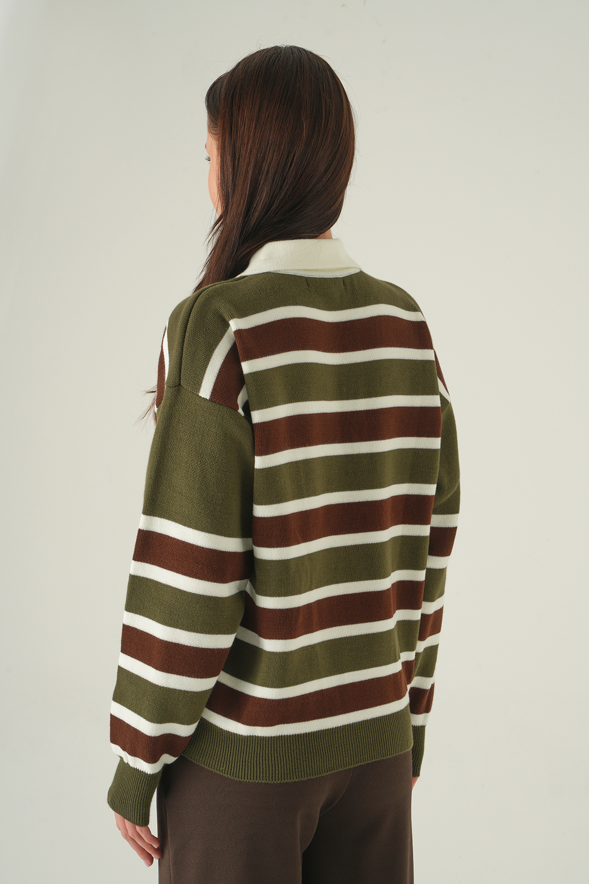 Haki Çizgili Polo Yaka Kadın Kazak 1018 - 5