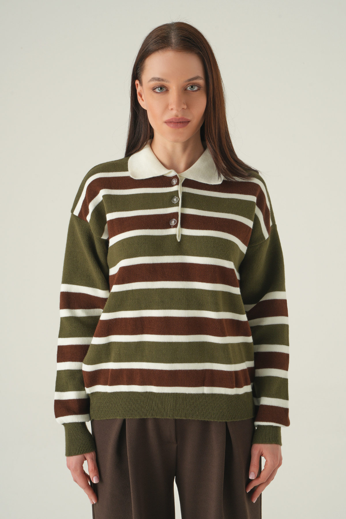 Haki Çizgili Polo Yaka Kadın Kazak 1018 - RAYS