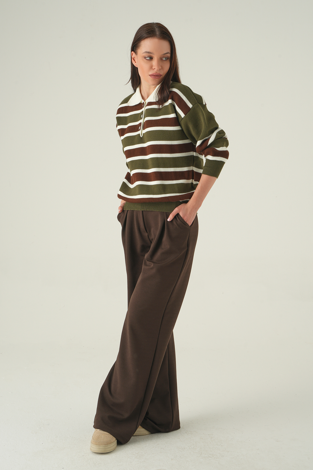 Haki Çizgili Polo Yaka Kadın Kazak 1018 - 3