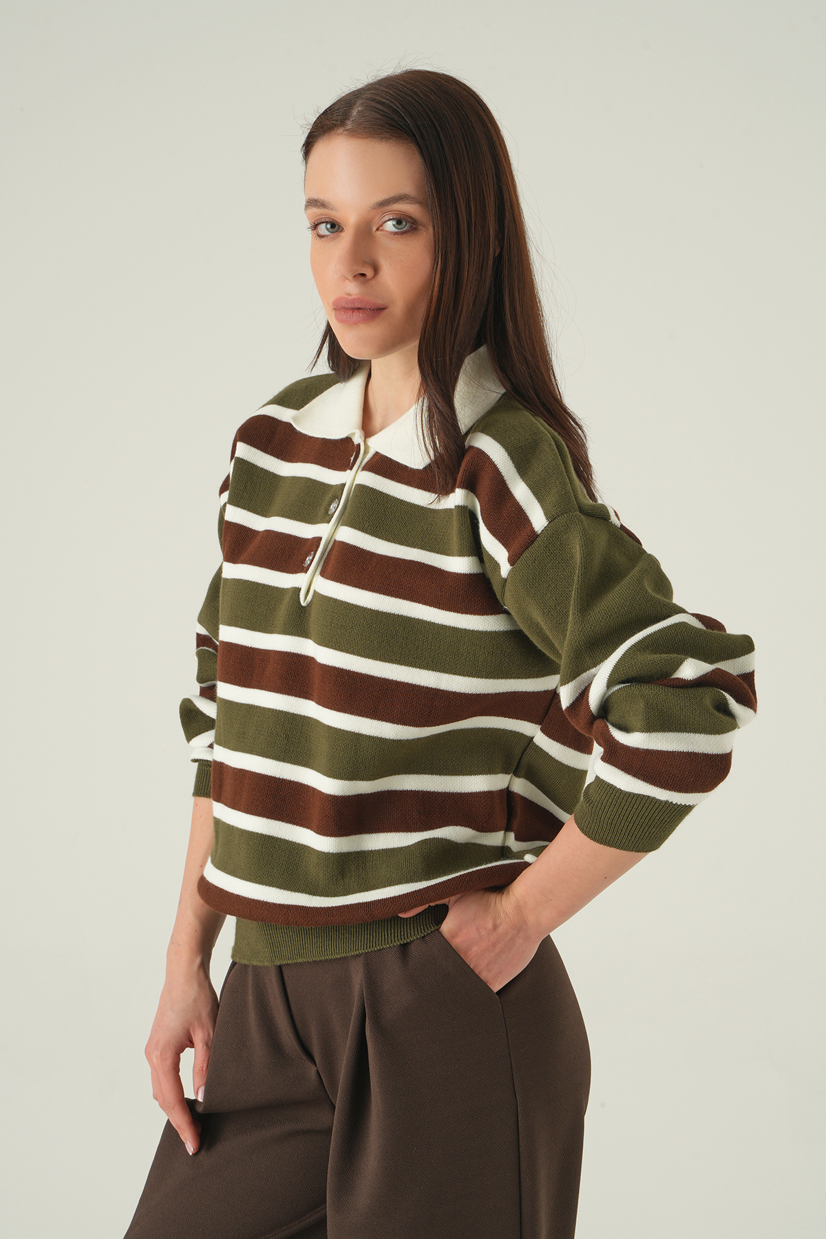 Haki Çizgili Polo Yaka Kadın Kazak 1018 - 7