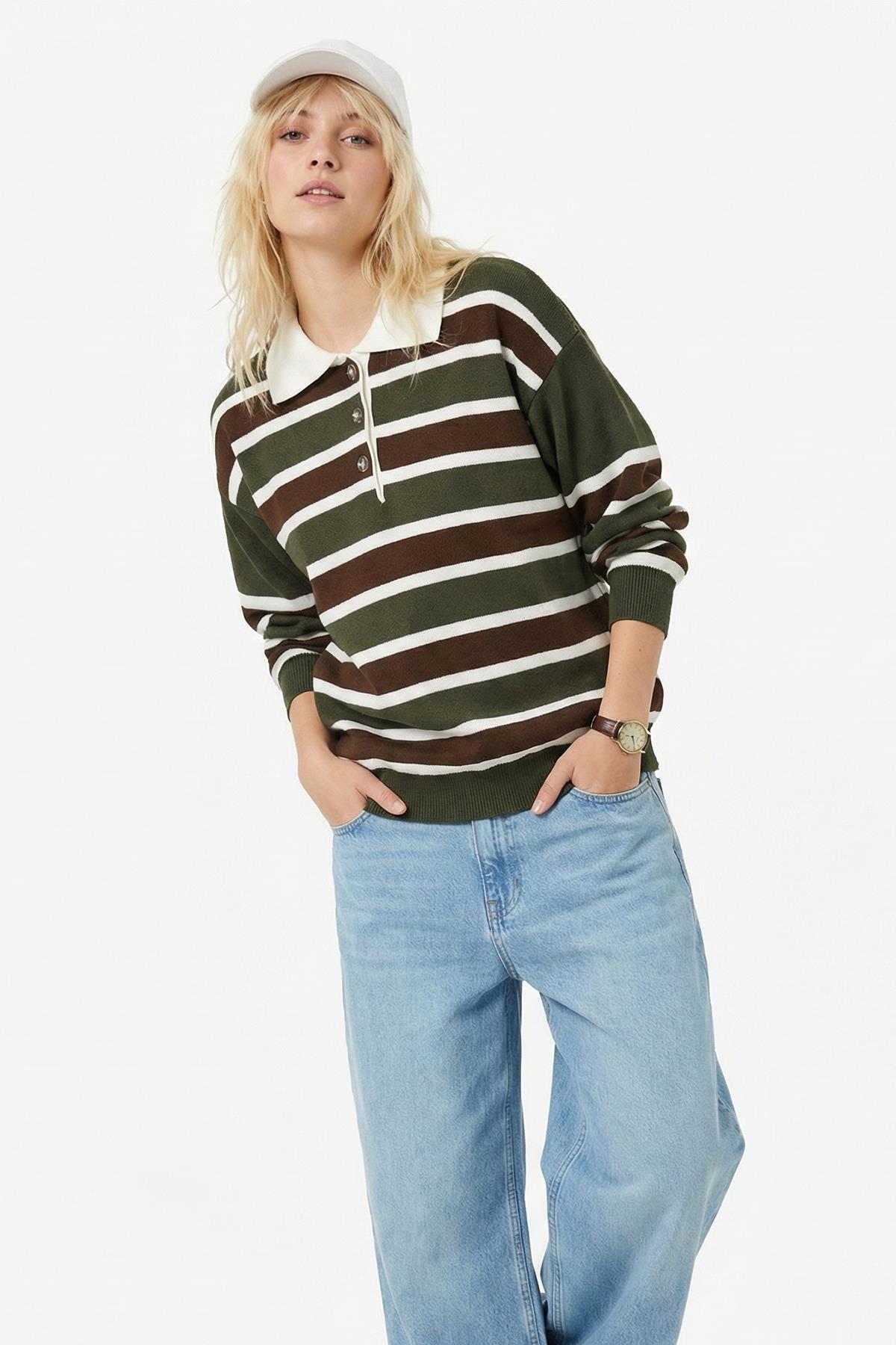 1018 Polo Yaka Çizgili Sweat Haki - RAYS