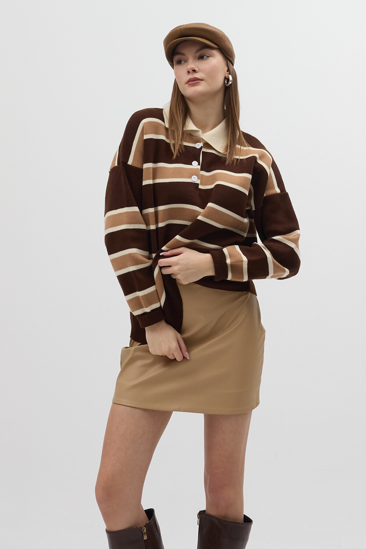 Kahve Çizgili Polo Yaka Kadın Kazak 1018 - 6