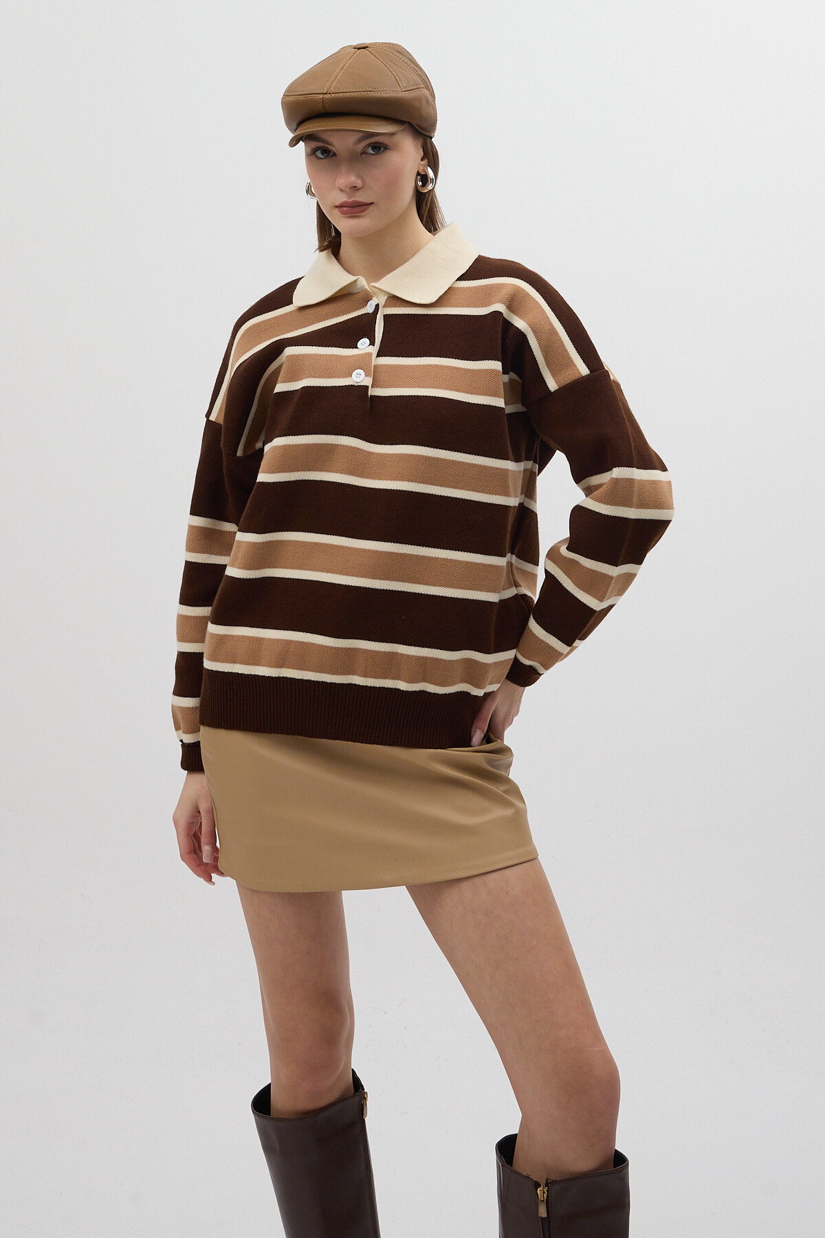 Kahve Çizgili Polo Yaka Kadın Kazak 1018 - 7