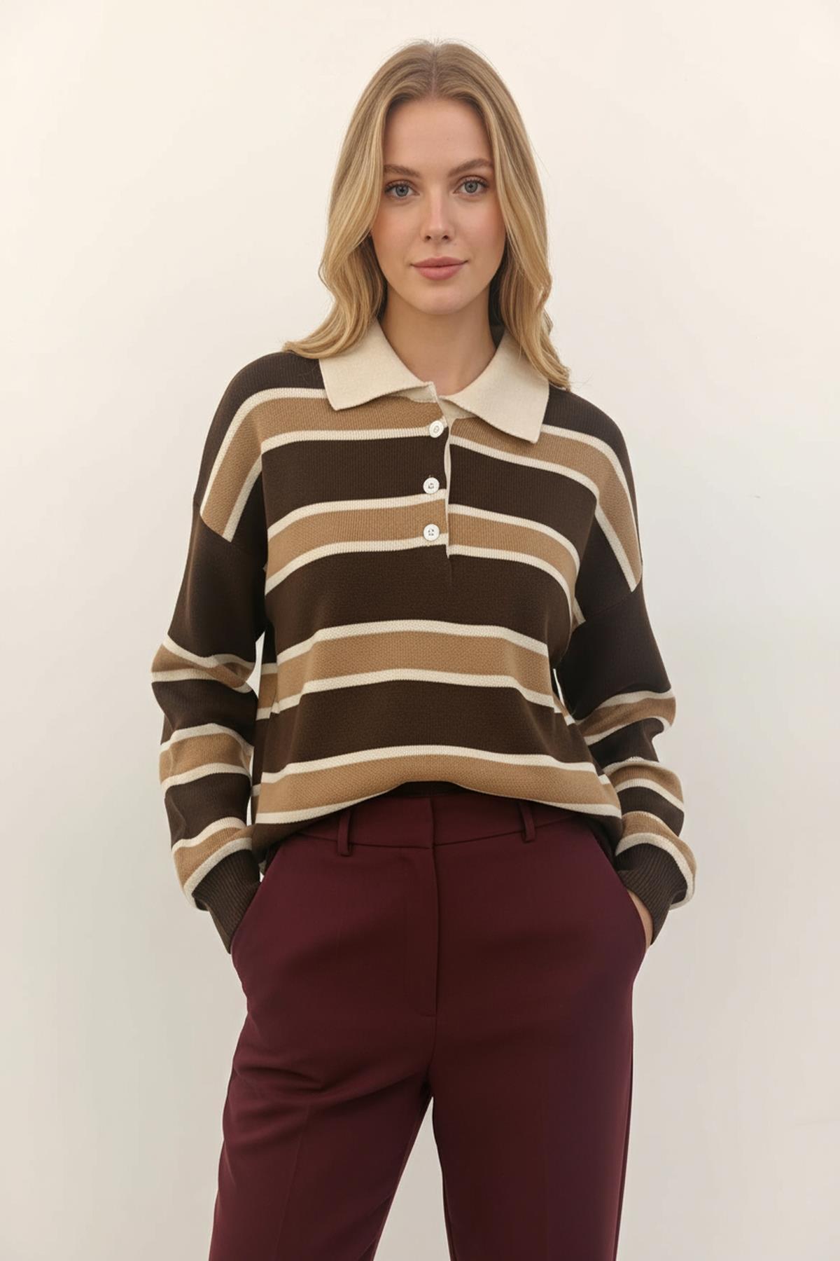 1018 Polo Yaka Çizgili Sweat Kahve - 1