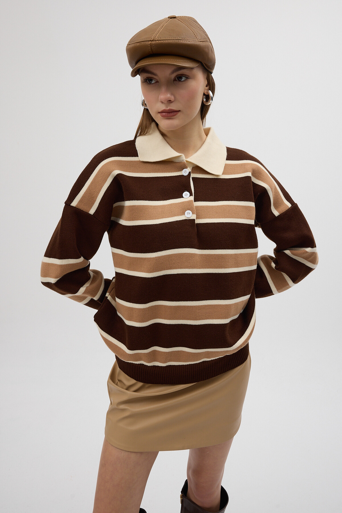 1018 Polo Yaka Çizgili Sweat Kahve - RAYS (1)