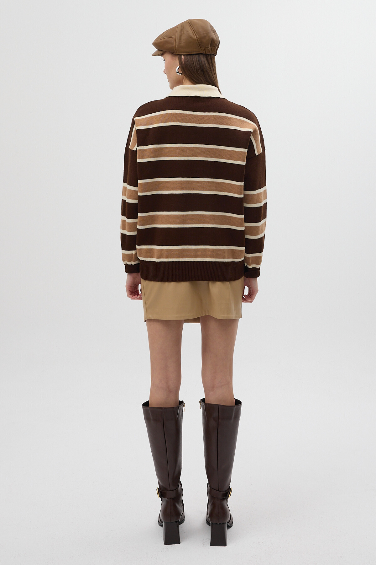 Kahve Çizgili Polo Yaka Kadın Sweatshirt 1018 - RAYS