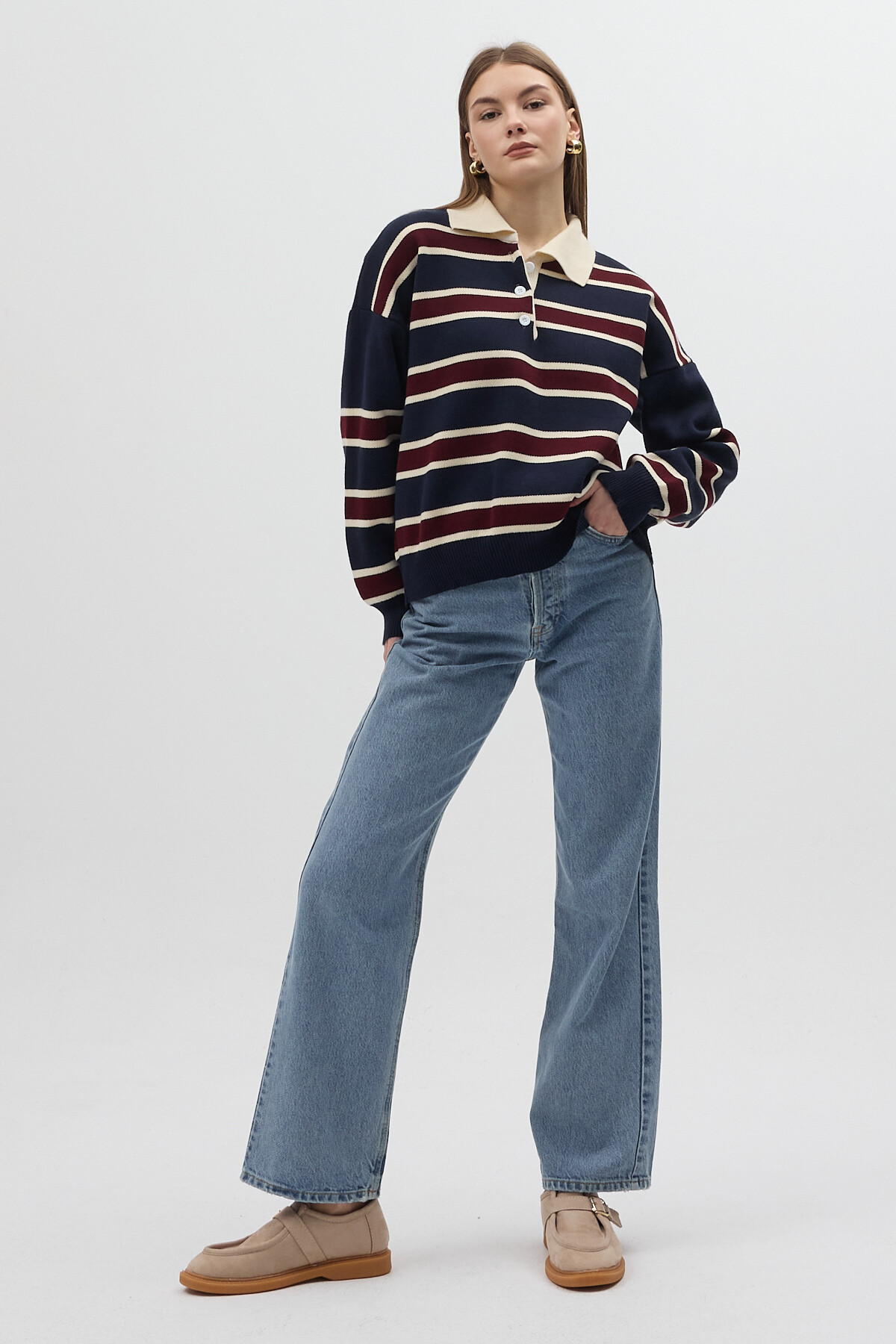 Lacivert Çizgili Polo Yaka Kadın Kazak 1018 - 3