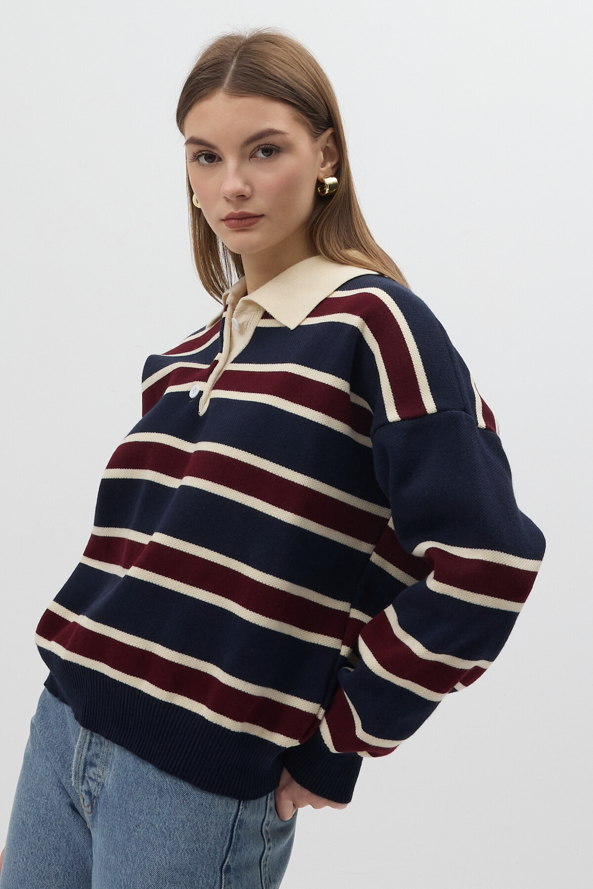 Lacivert Çizgili Polo Yaka Kadın Kazak 1018 - 6