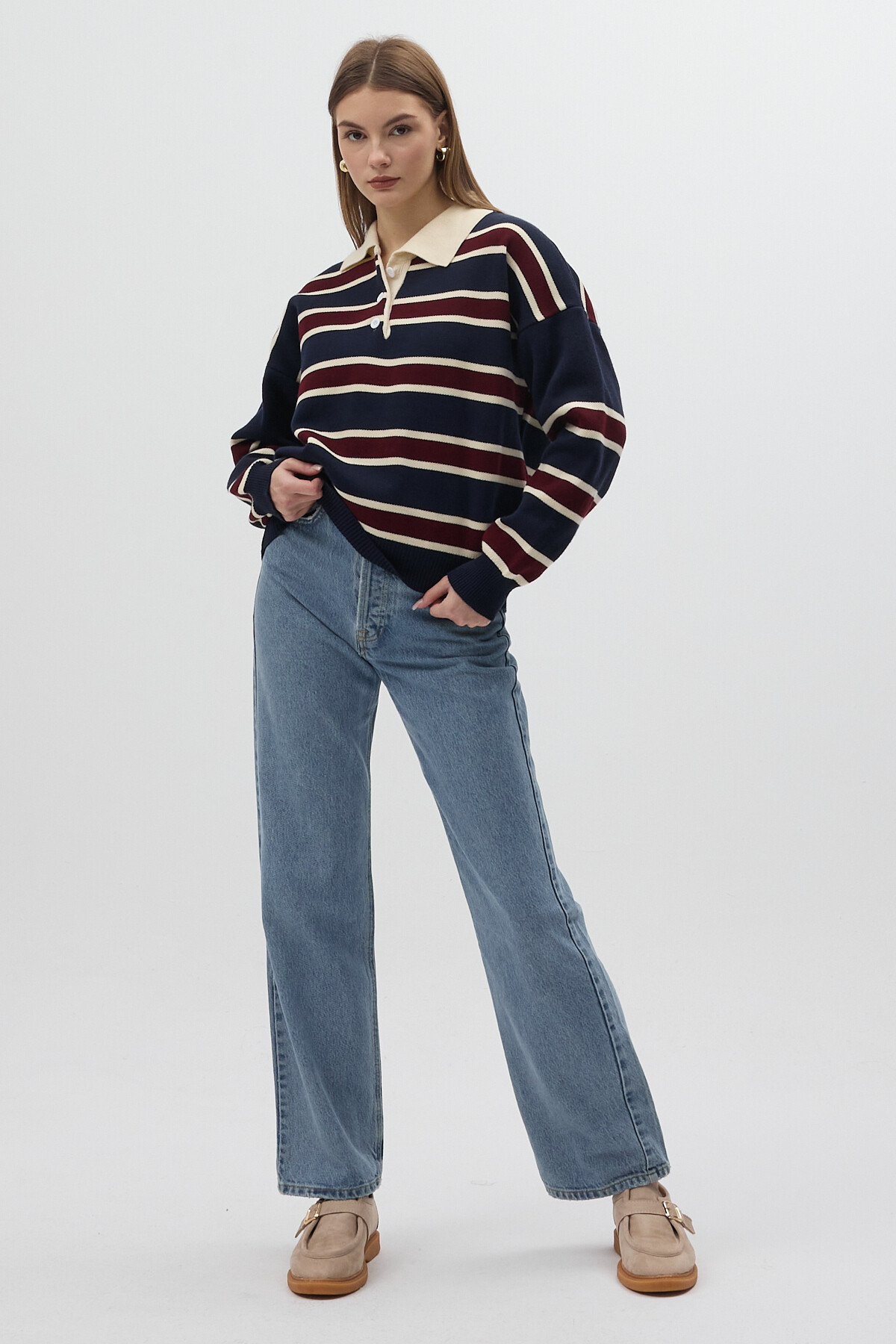 Lacivert Çizgili Polo Yaka Kadın Kazak 1018 - 5