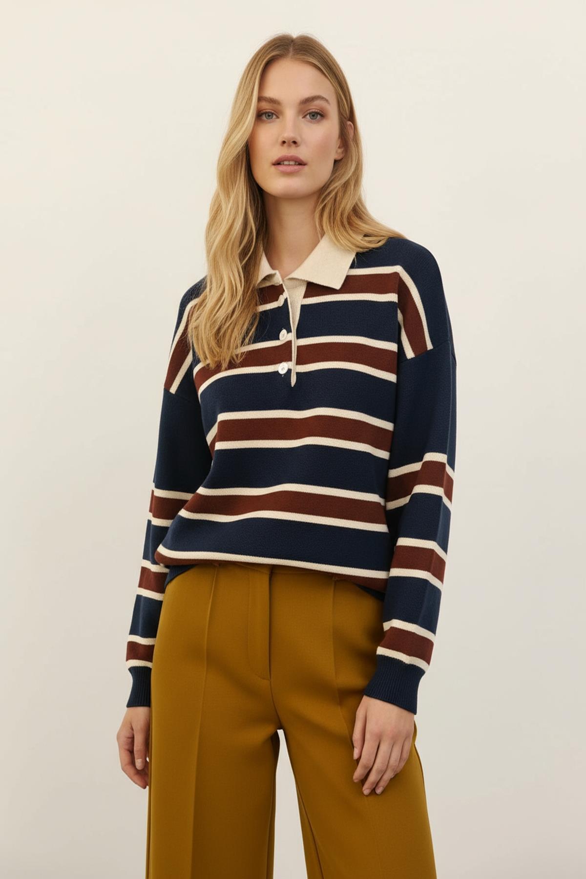 1018 Polo Yaka Çizgili Sweat Laci - 1