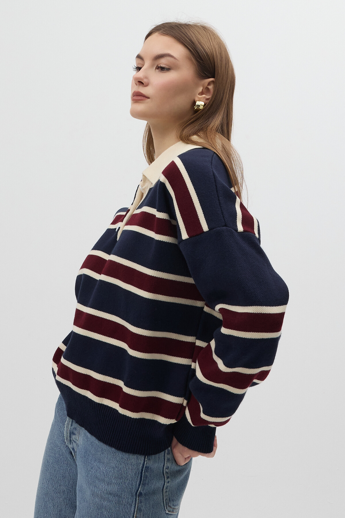 Lacivert Çizgili Polo Yaka Kadın Sweatshirt 1018 - RAYS (1)