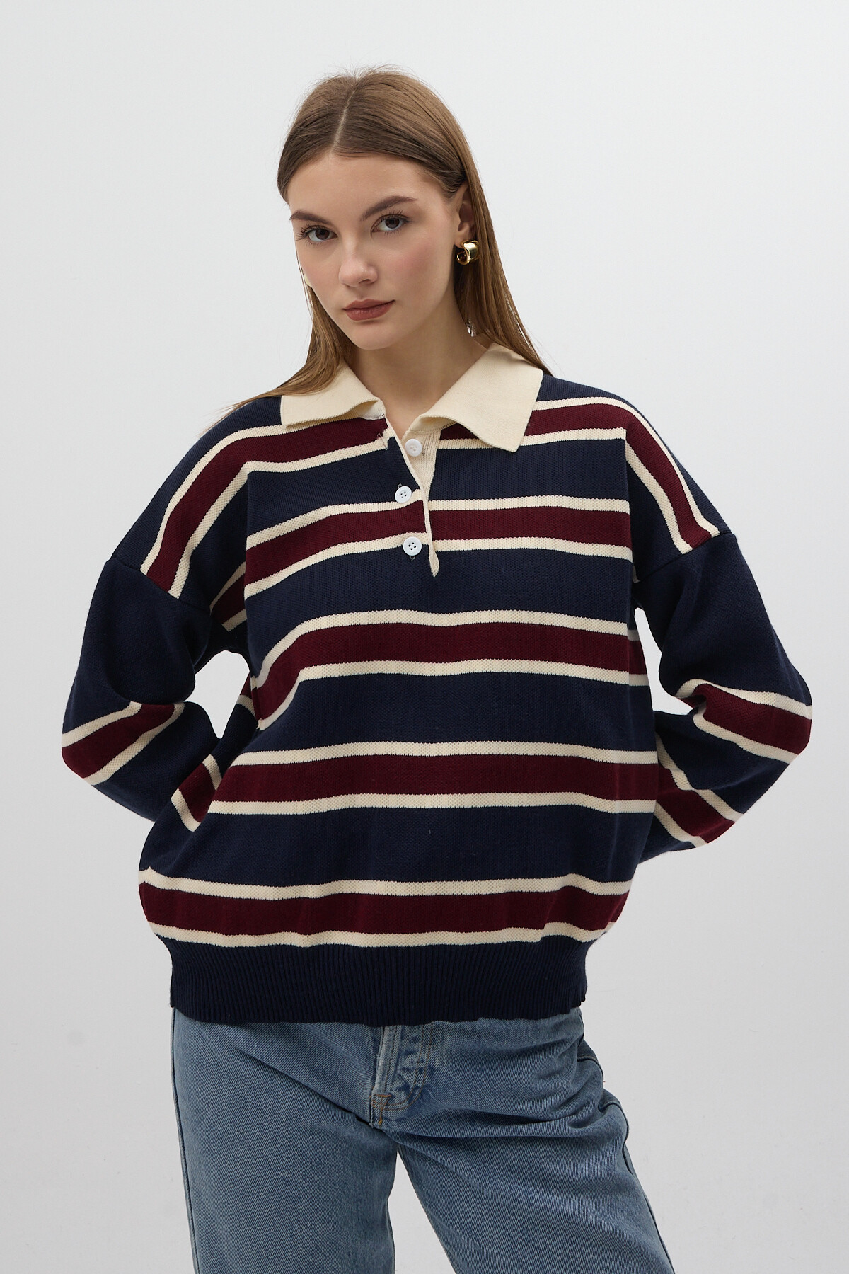 Lacivert Çizgili Polo Yaka Kadın Sweatshirt 1018 