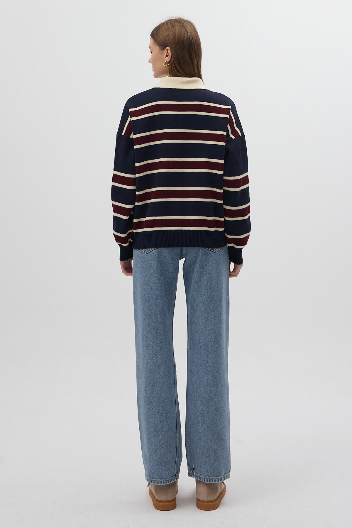 Lacivert Çizgili Polo Yaka Kadın Sweatshirt 1018 - RAYS