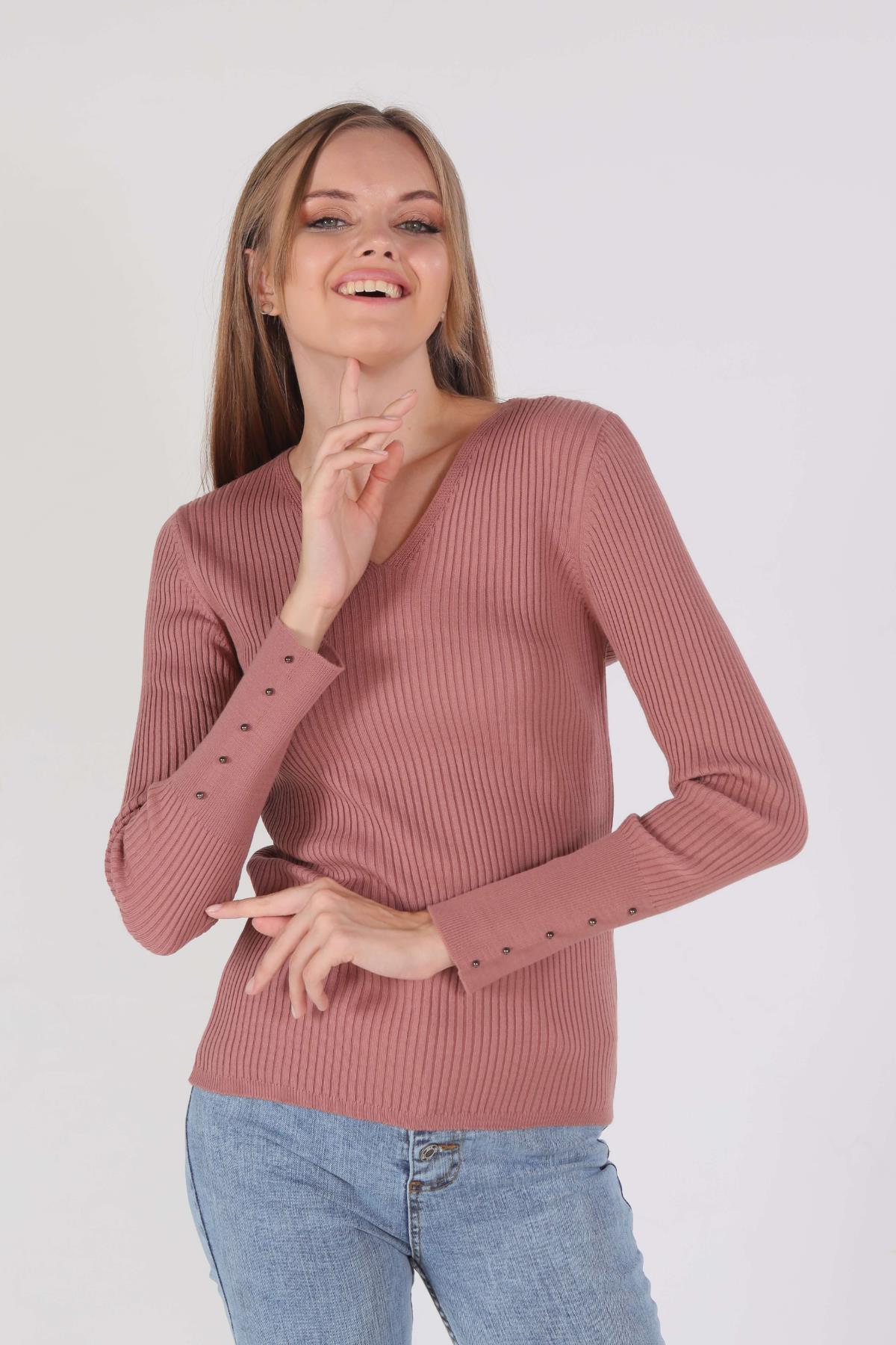 Gül V Yaka Fitilli Kazak 1020 - 1