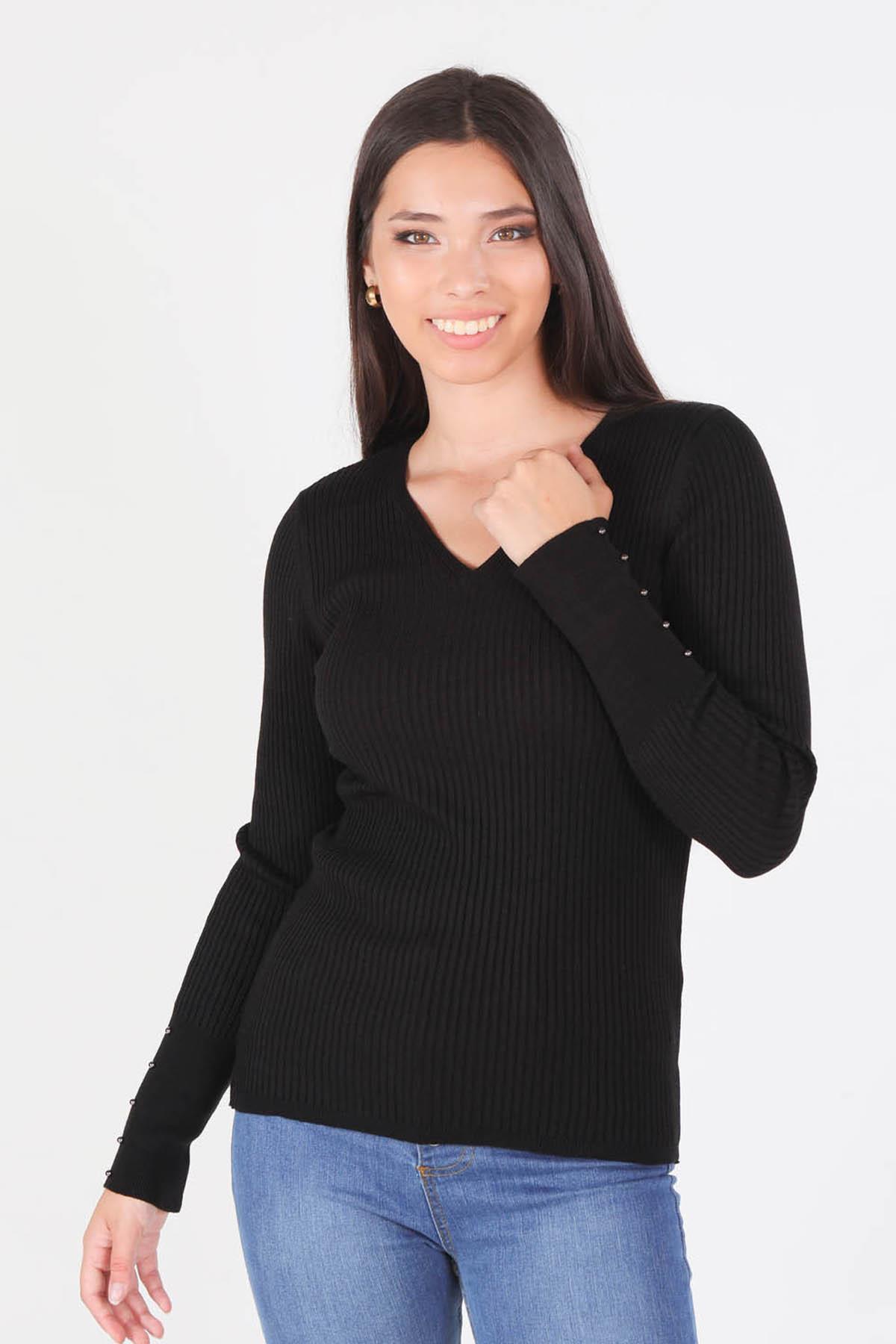 Siyah V Yaka Fitilli Kazak 1020 - 1