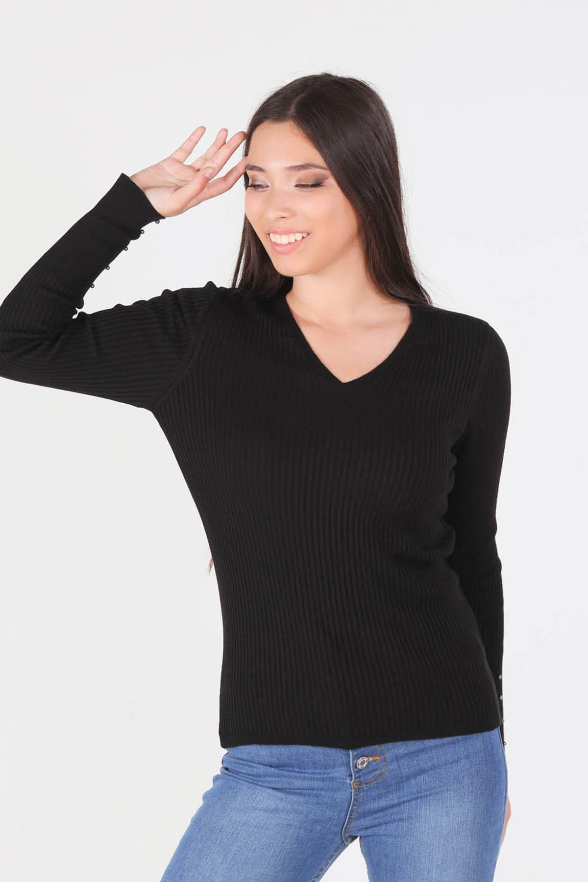 Siyah V Yaka Fitilli Kazak 1020 - 2