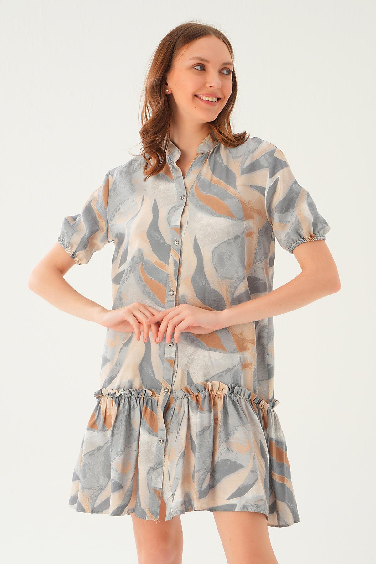 Gri Etek Fırfır Detay Elbise 1024 - 3