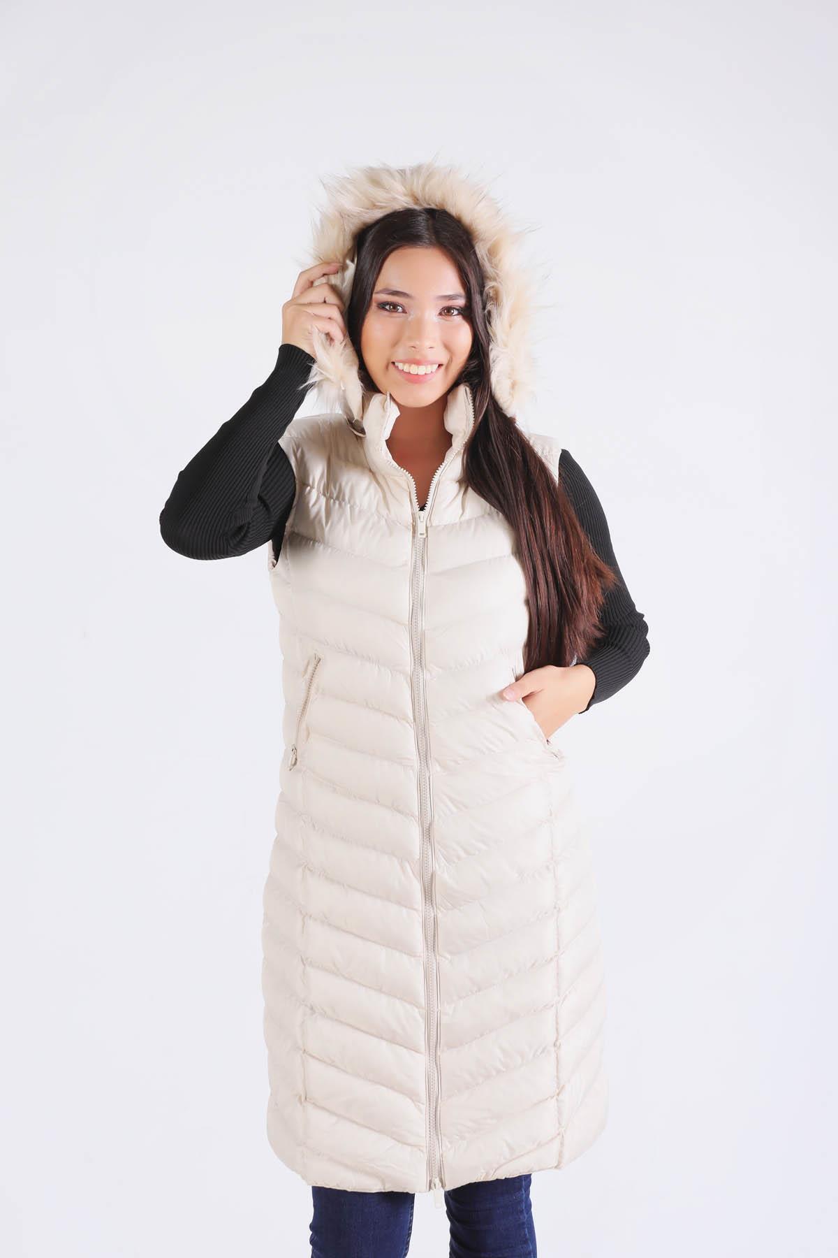 1025 Kapüşonlu Cepli Yelek Bej - 4