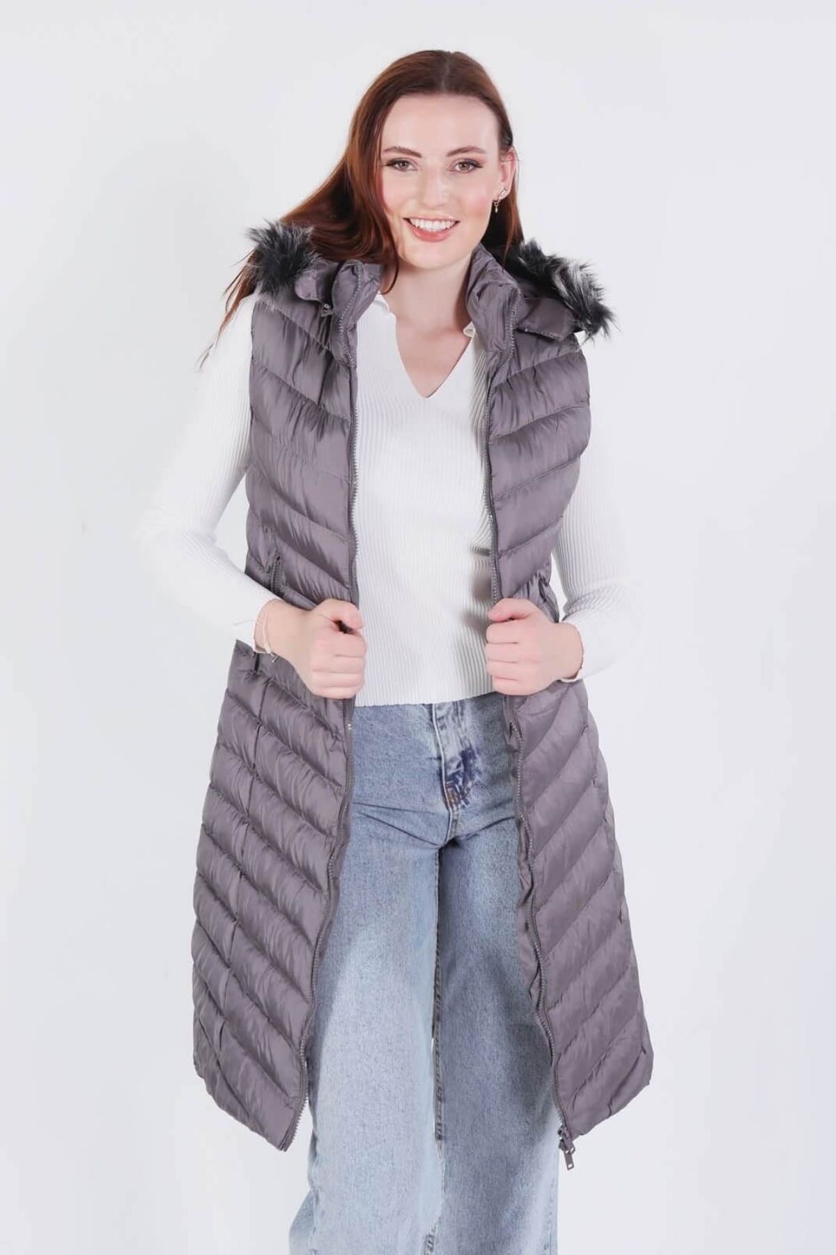 1025 Kapüşonlu Cepli Yelek Gri 