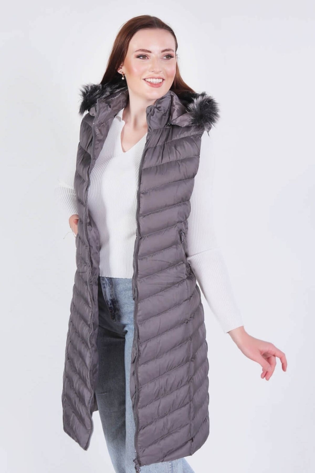 1025 Kapüşonlu Cepli Yelek Gri - 3