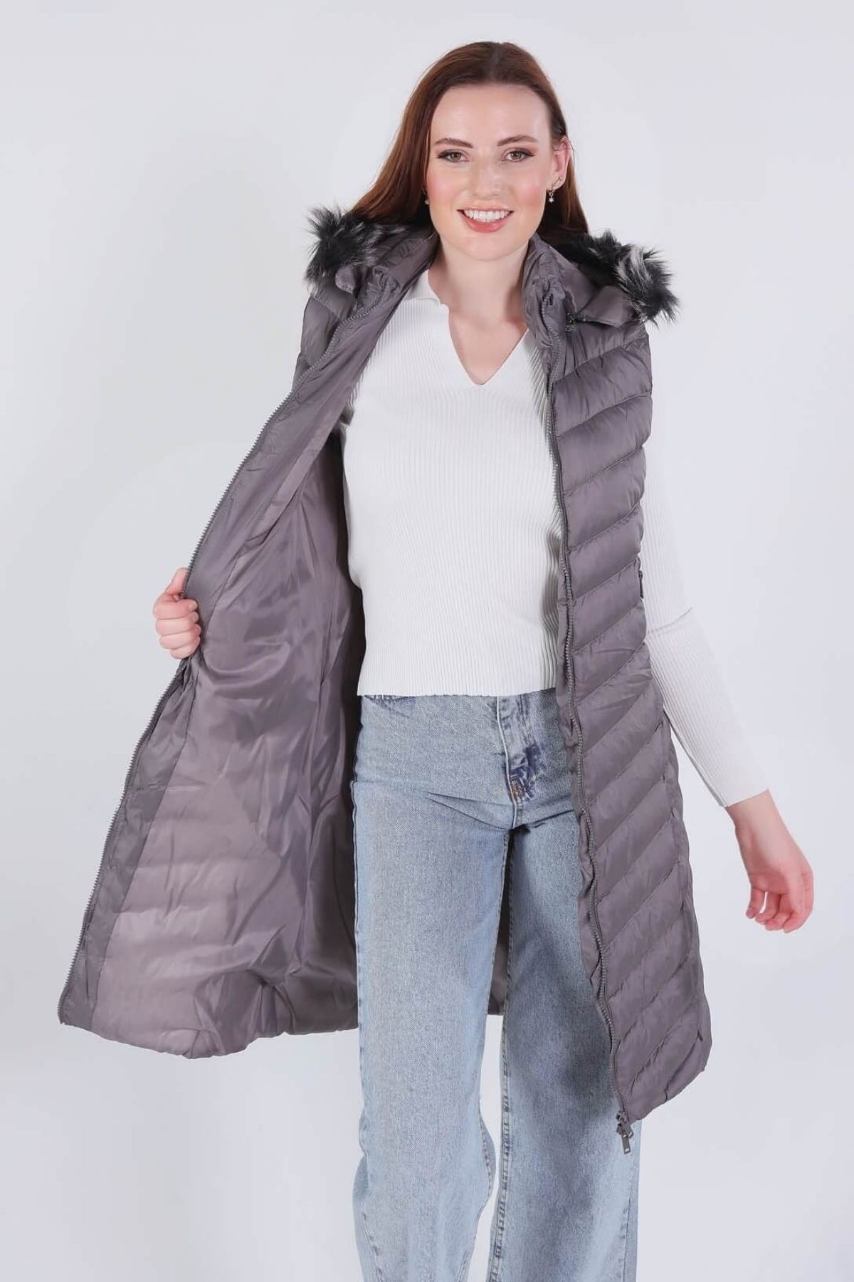 1025 Kapüşonlu Cepli Yelek Gri - 2