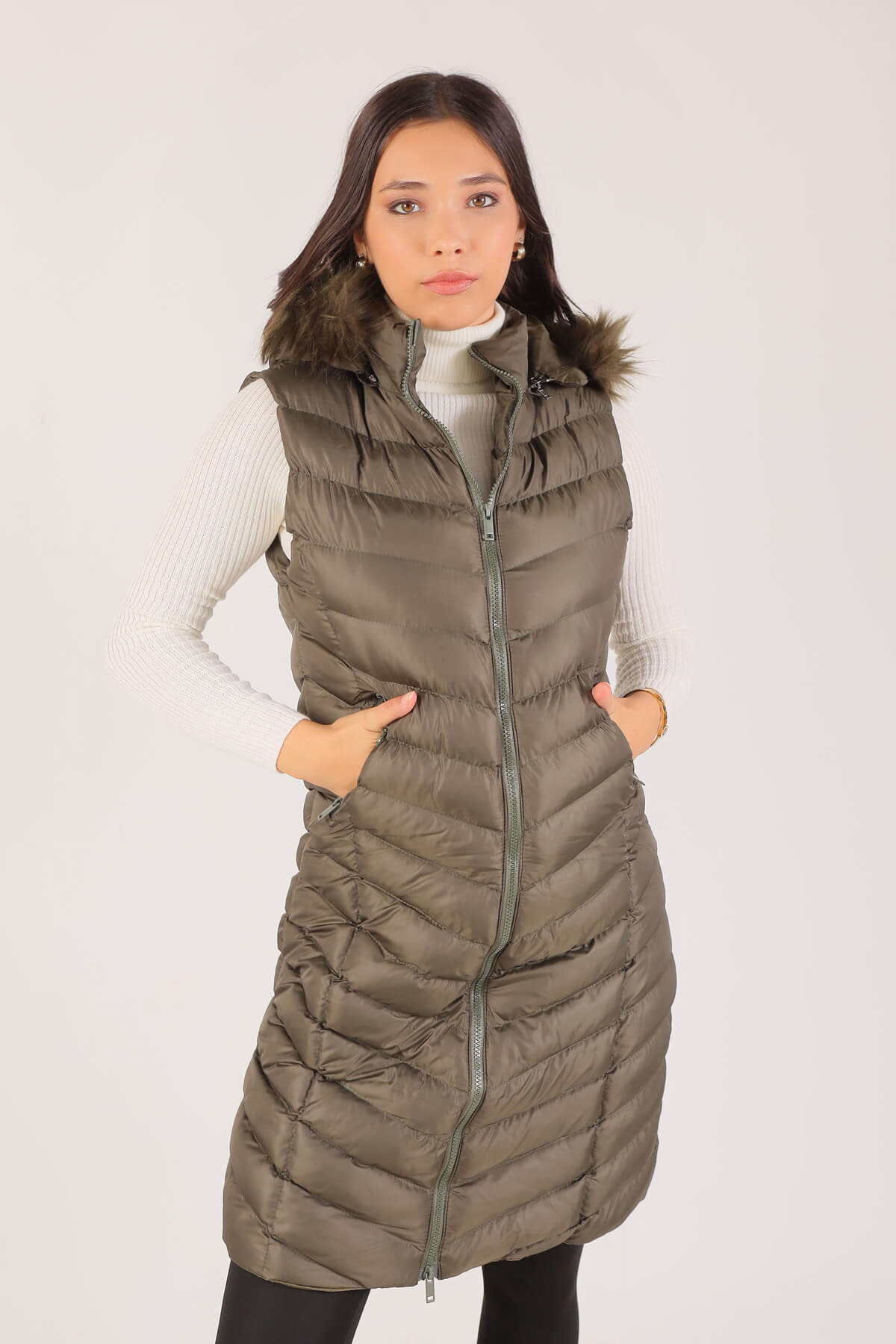 Haki Kapüşonlu Cepli Yelek 1025 