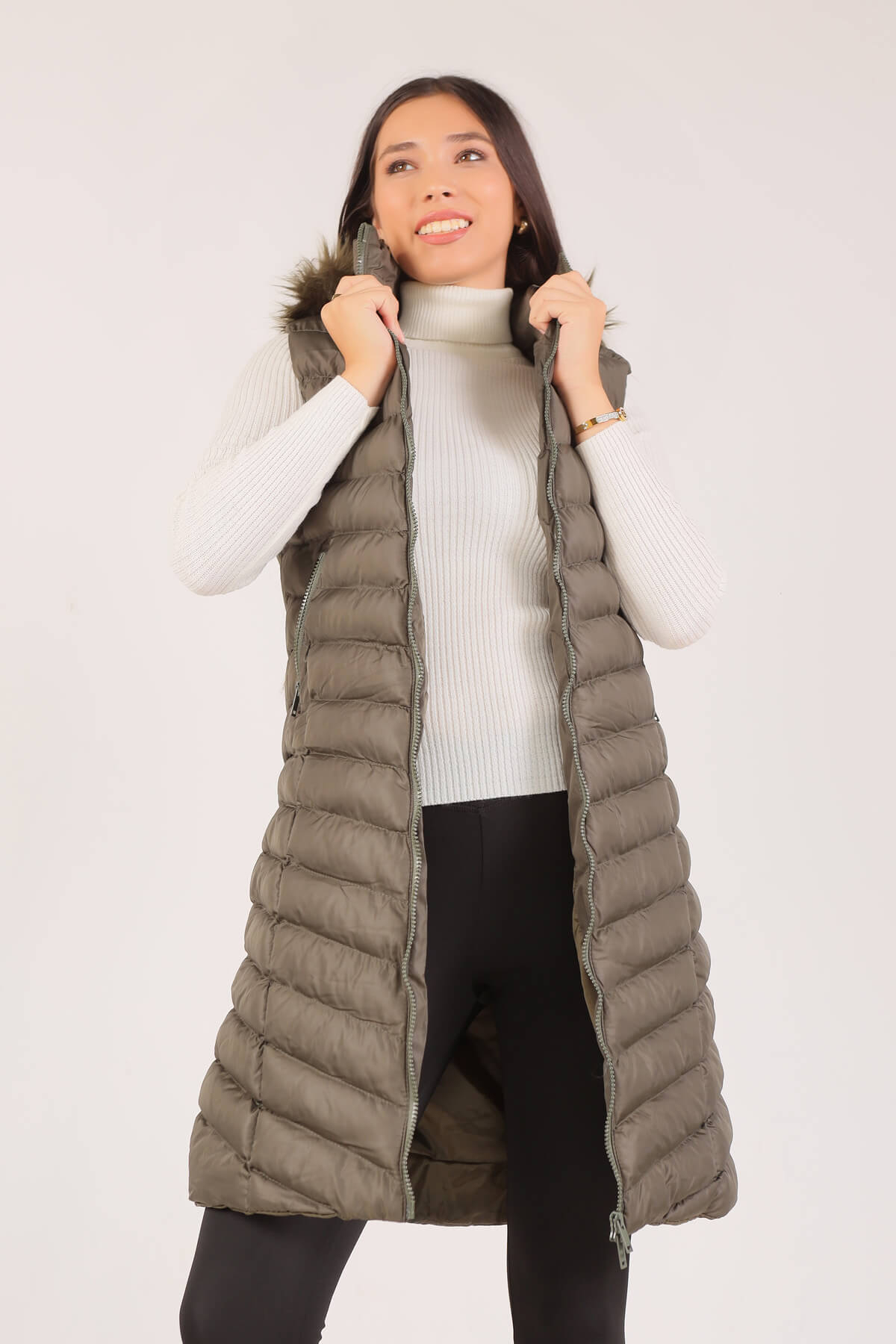 Haki Kapüşonlu Cepli Yelek 1025 - 3