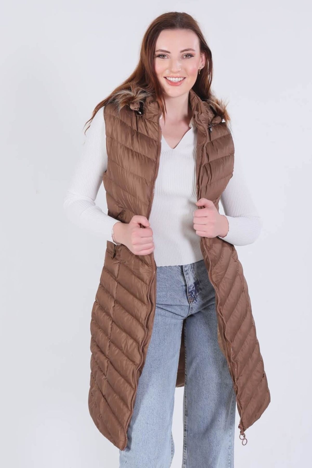 1025 Kapüşonlu Cepli Yelek Taba - 3