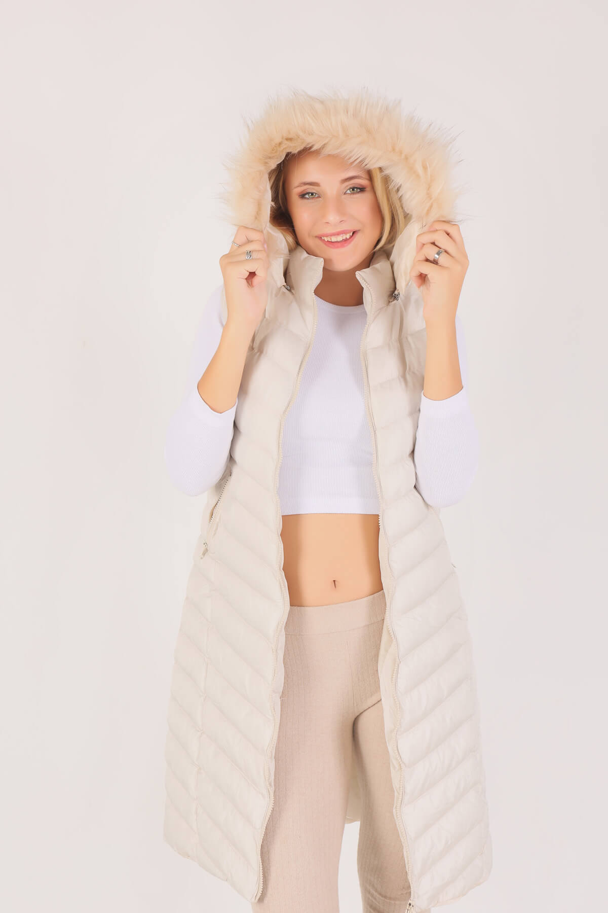 1025 Kapüşonlu Cepli Yelek Taş - 4