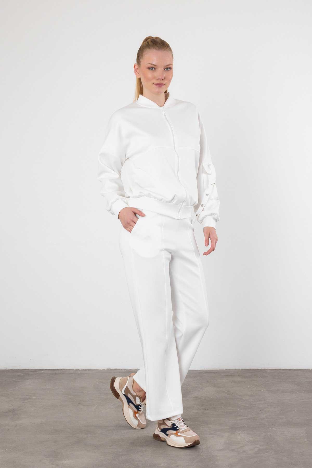 Beyaz Dalgıç Detay Fermuarlı Eşofman Takım 9153M - 1