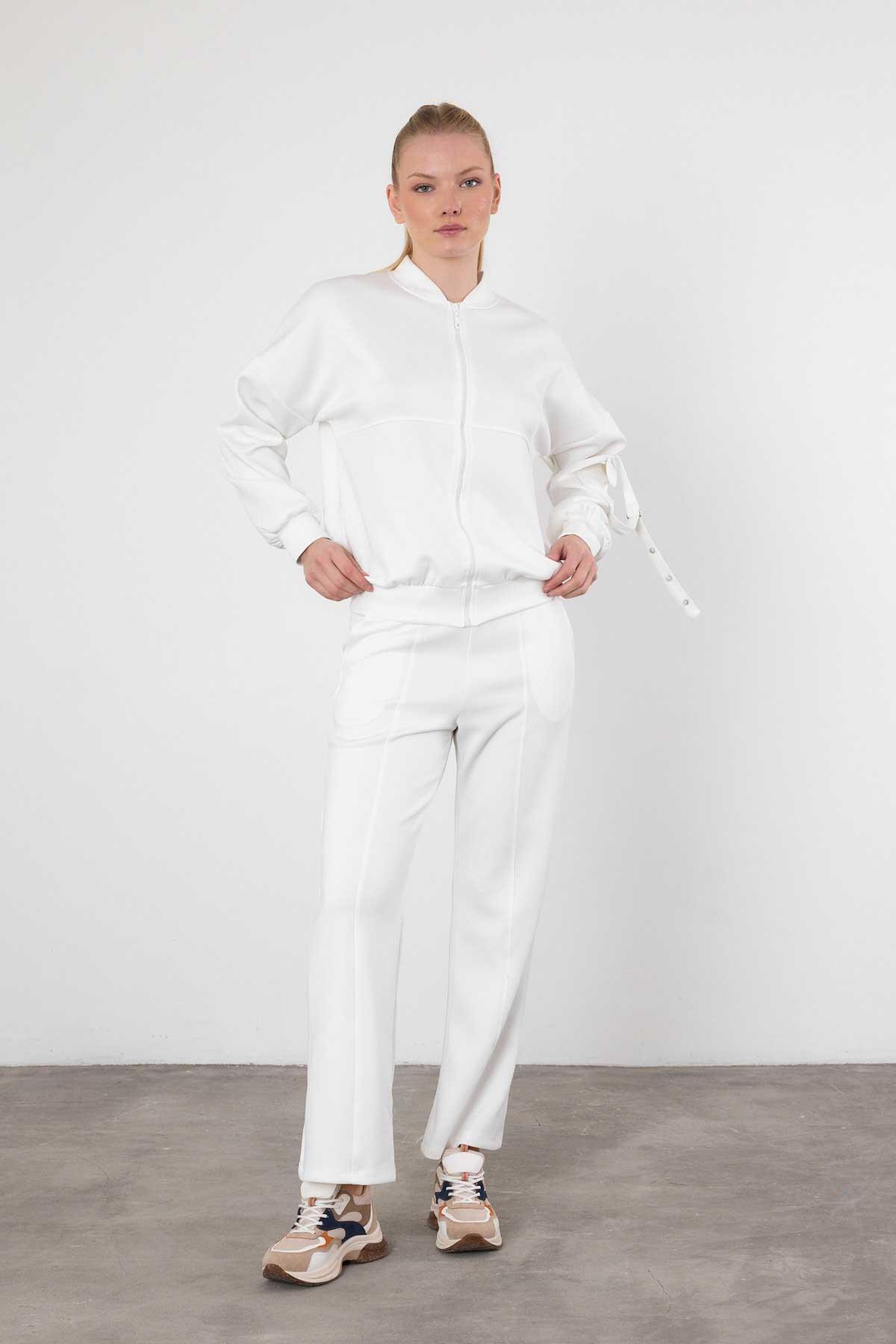 Beyaz Dalgıç Detay Fermuarlı Eşofman Takım 9153M - 8