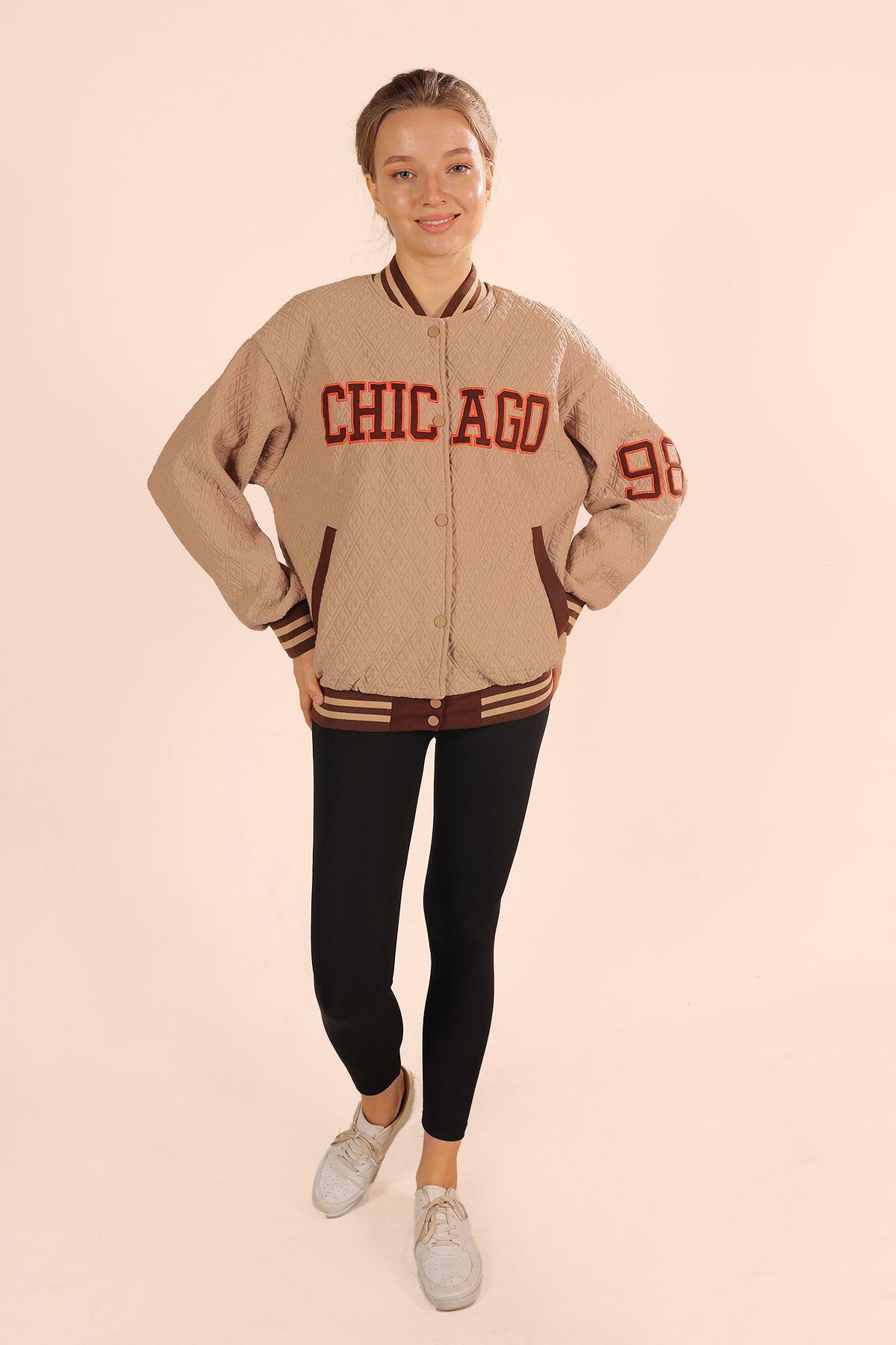 1028 Chicago Nakış kolej Ceket Camel - 4