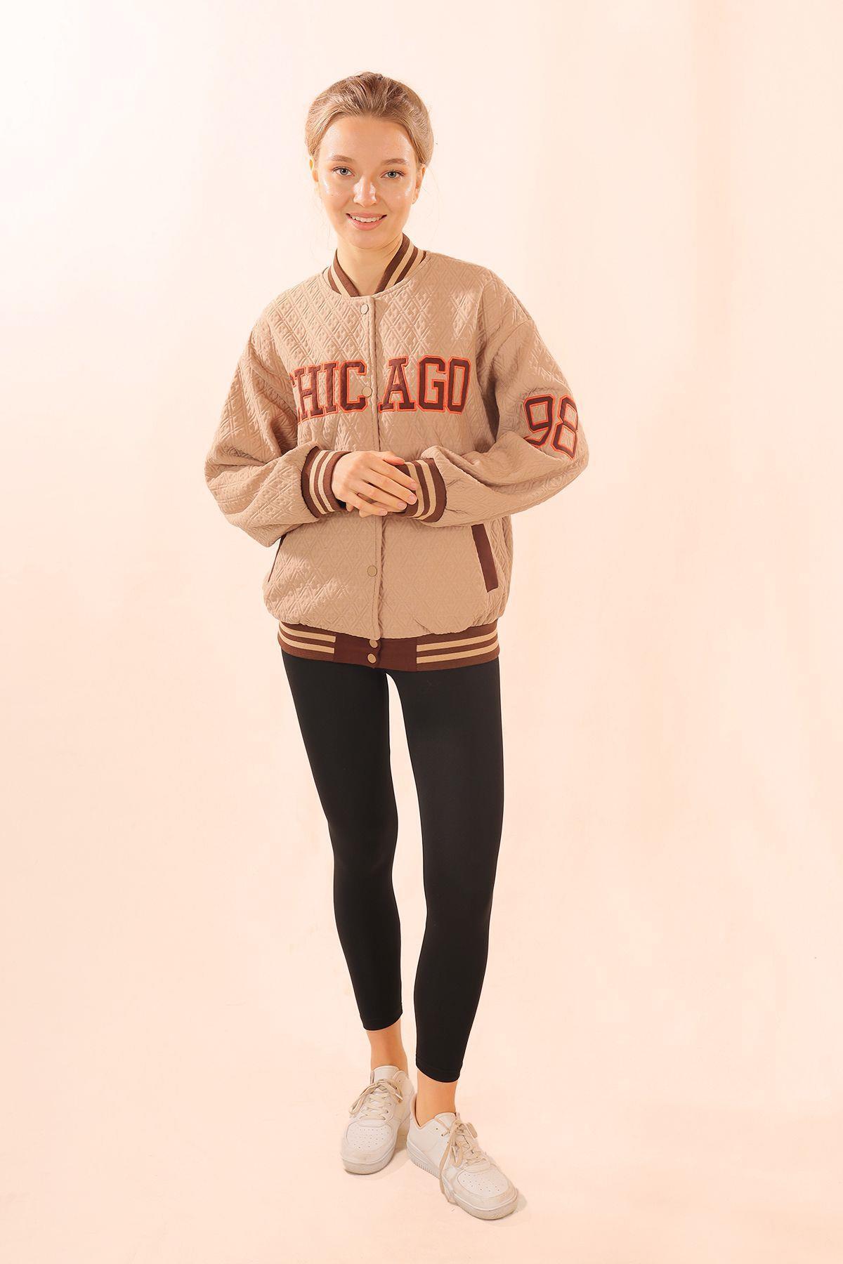 1028 Chicago Nakış kolej Ceket Camel - 6