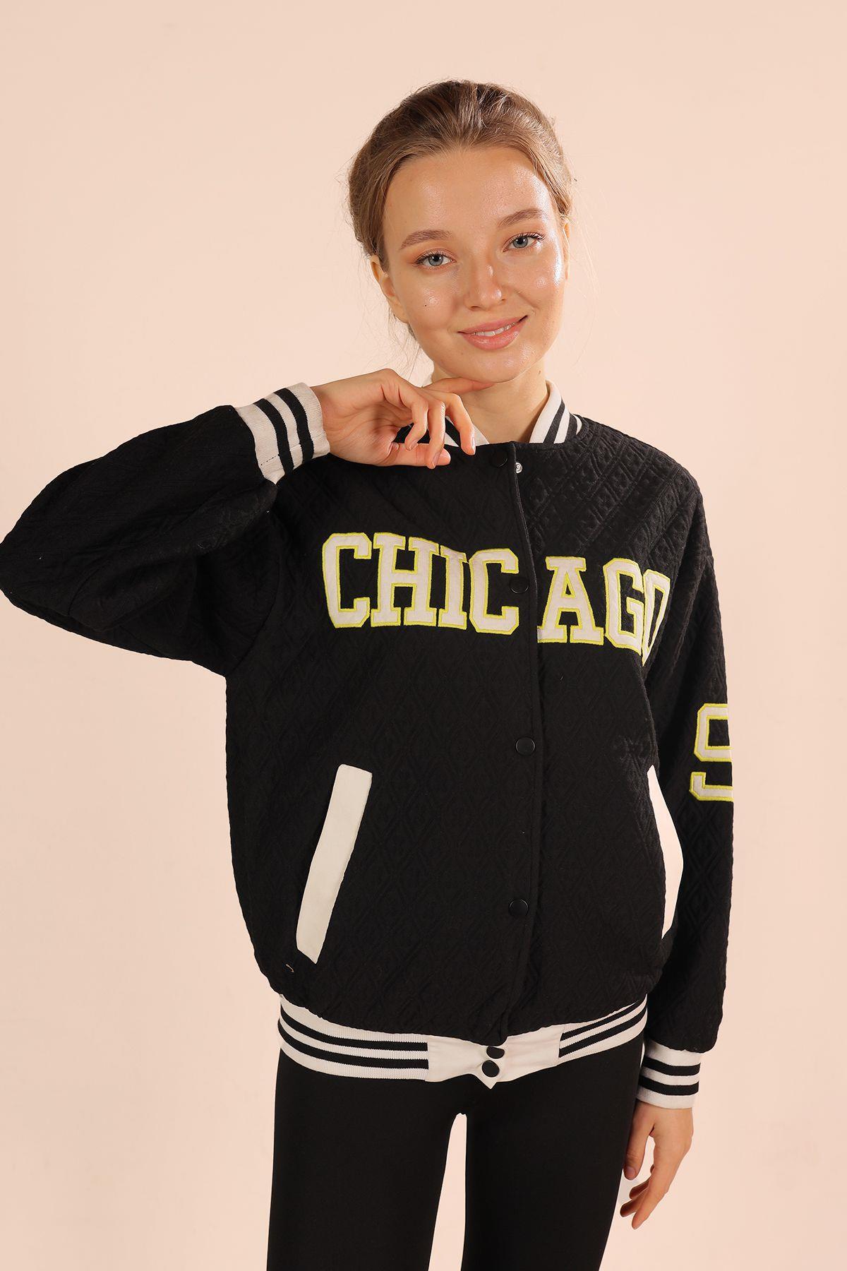 1028 Chicago Nakış kolej Ceket Siyah 