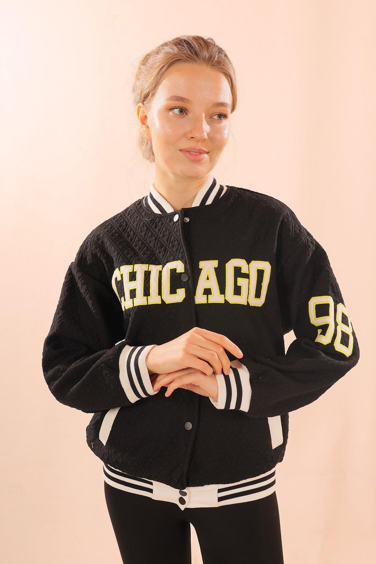 Siyah Chicago Nakış Kolej Ceket 1028 - 2