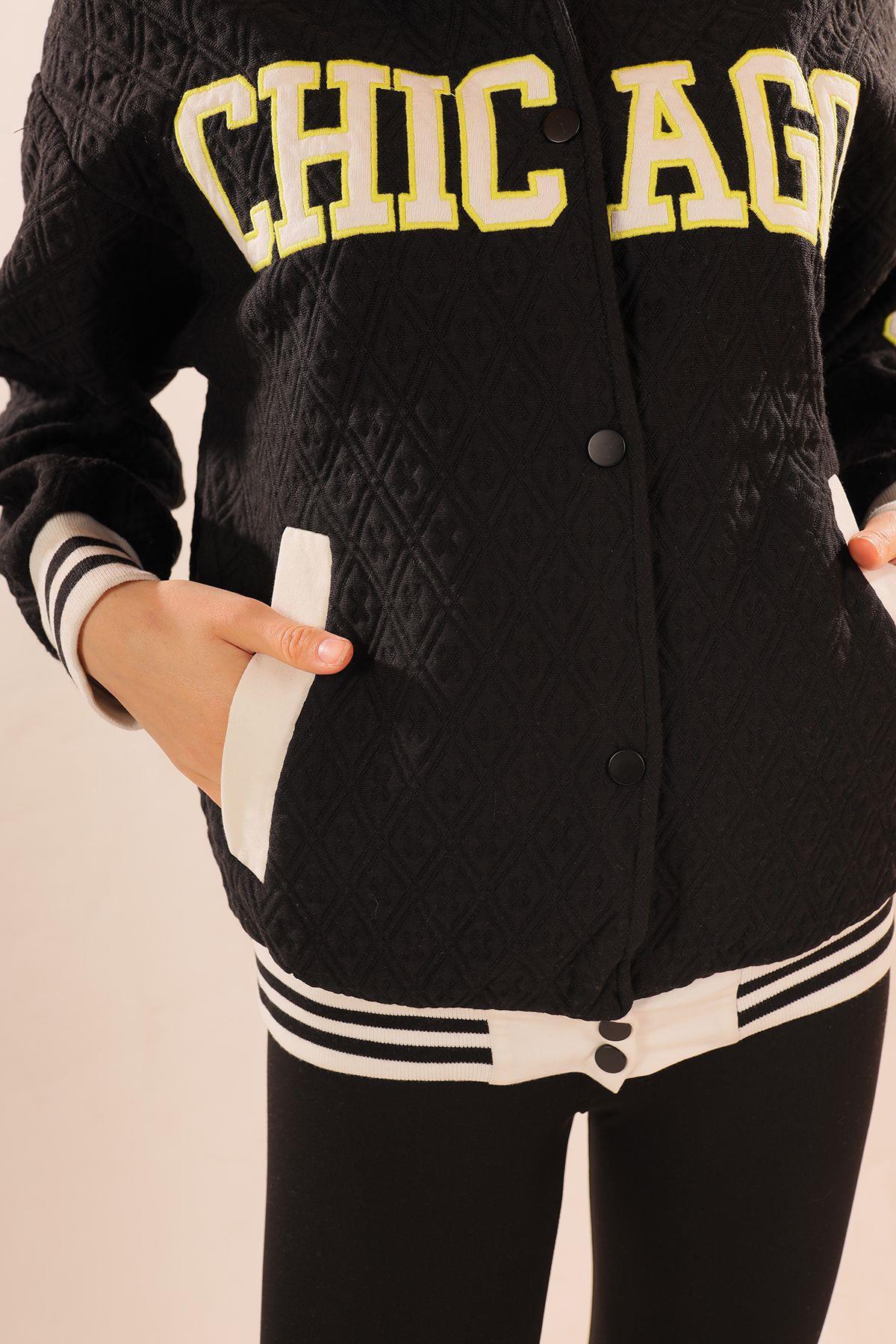 Siyah Chicago Nakış Kolej Ceket 1028 - 3