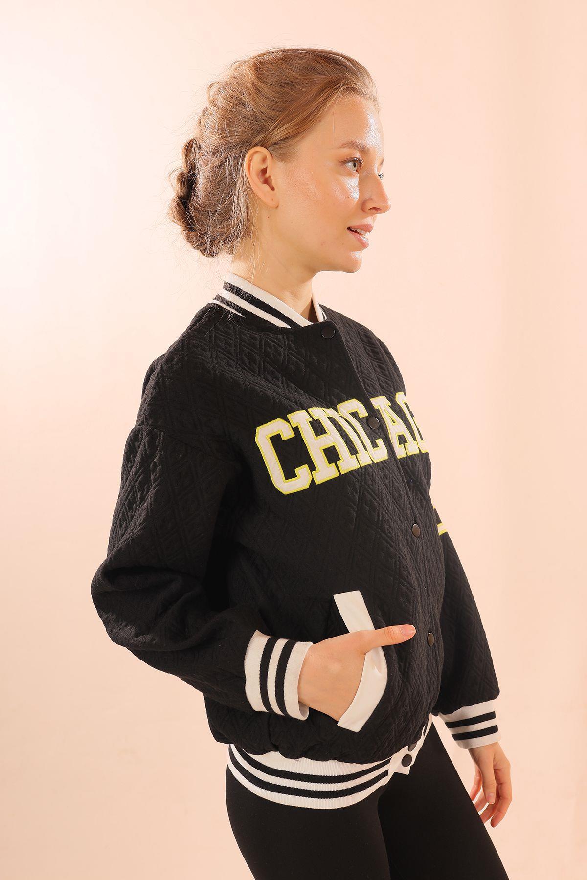 Siyah Chicago Nakış Kolej Ceket 1028 - 4