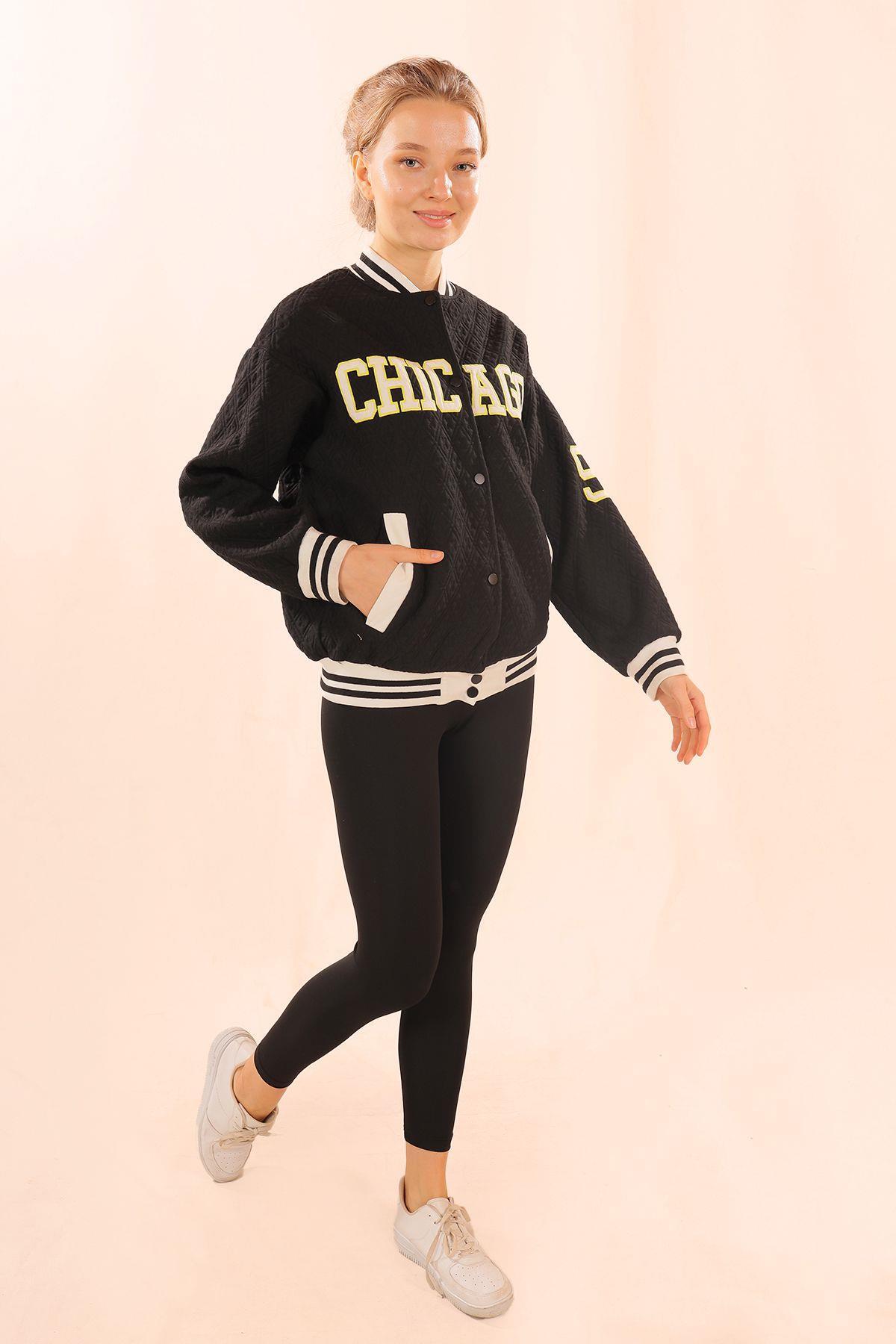 Siyah Chicago Nakış Kolej Ceket 1028 - 6