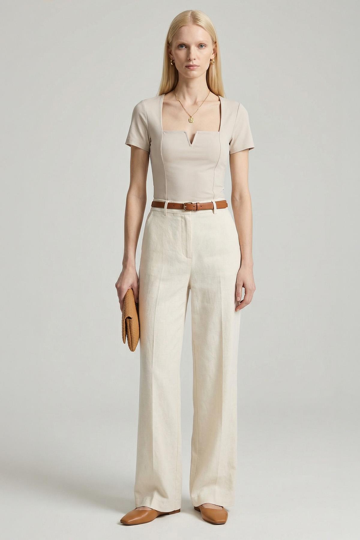 10432 Kare Yaka Bluz Bej - 1