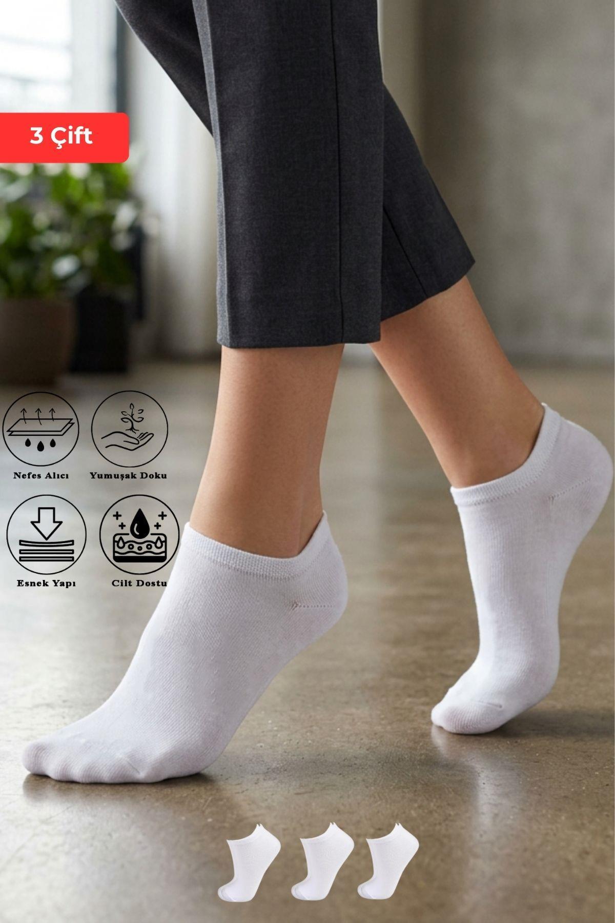 Beyaz 3'lü Kısa Çorap 1057 - 1