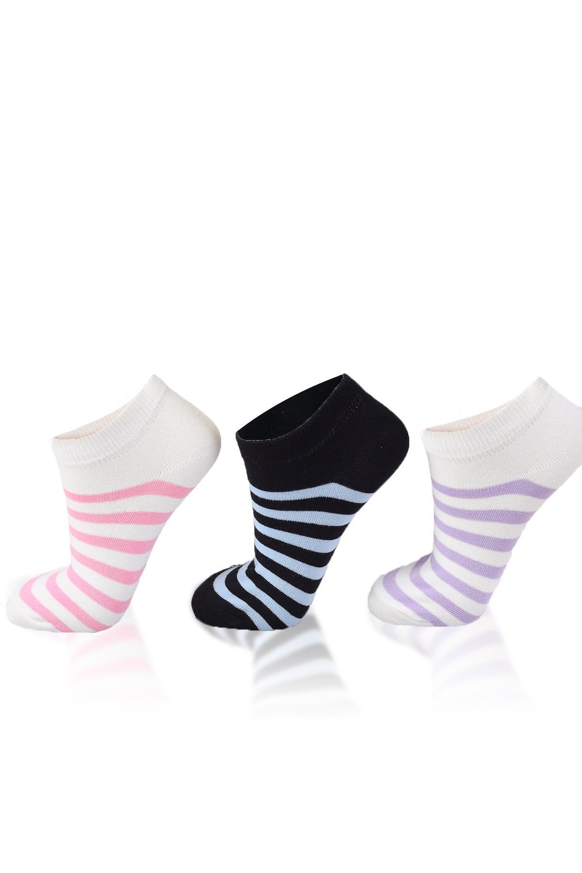 1050 Çizgili 3'lü Çorap Pembe-Mavi-Lila - 1