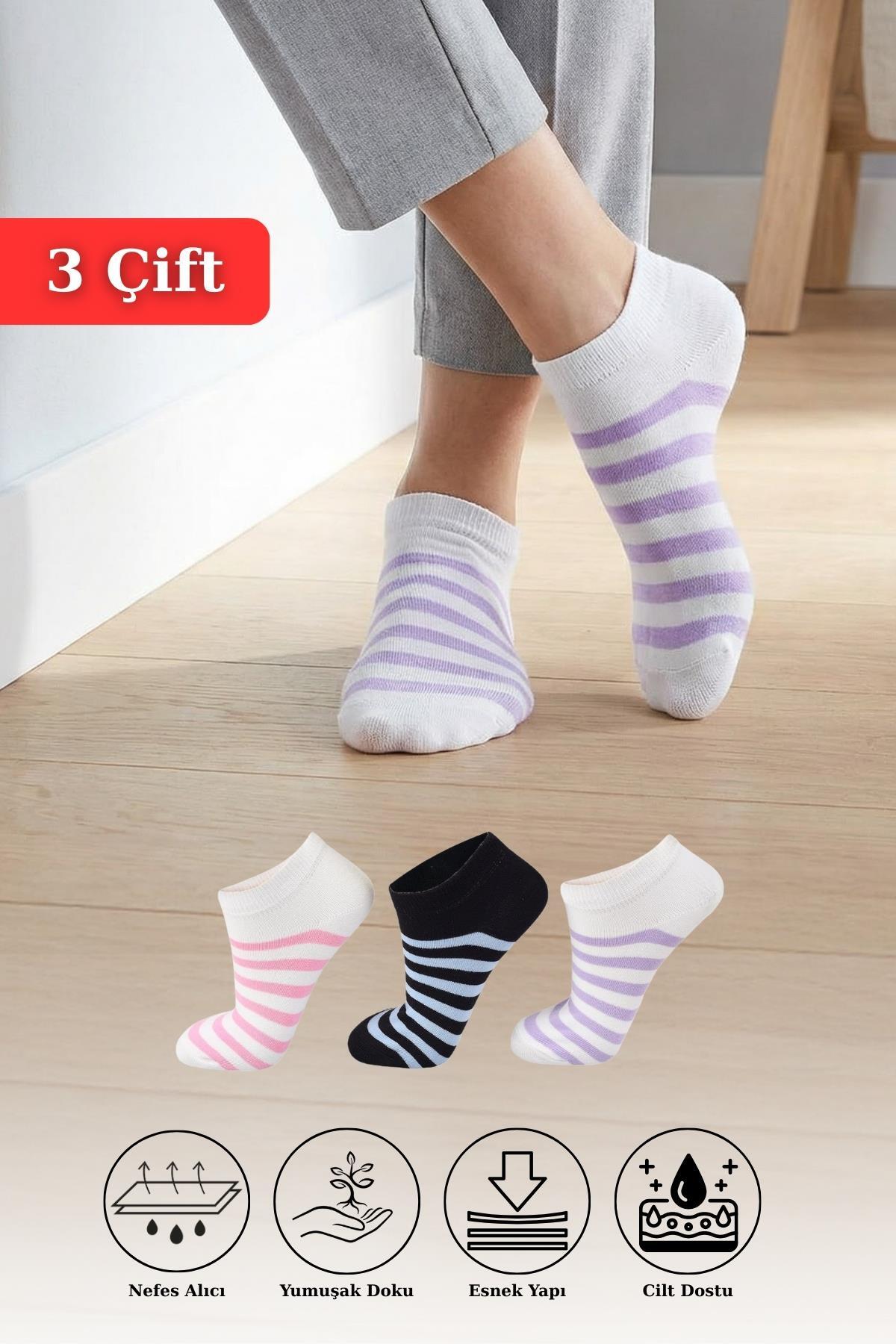 1050 Çizgili 3'lü Çorap Pembe-Mavi-Lila - 1