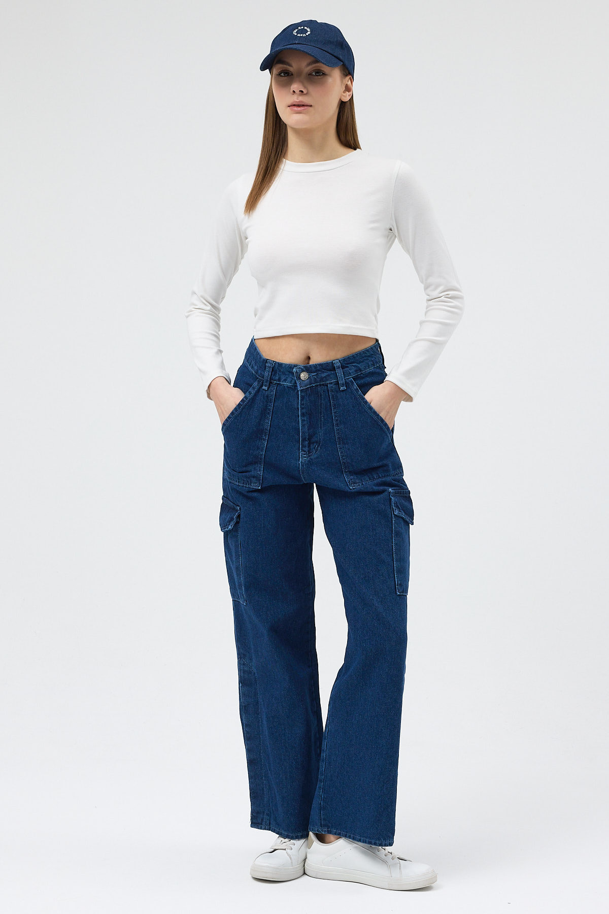 Koyu Mavi Kadın Yüksek Bel Jean Kargo Pantolon 1053 - 1