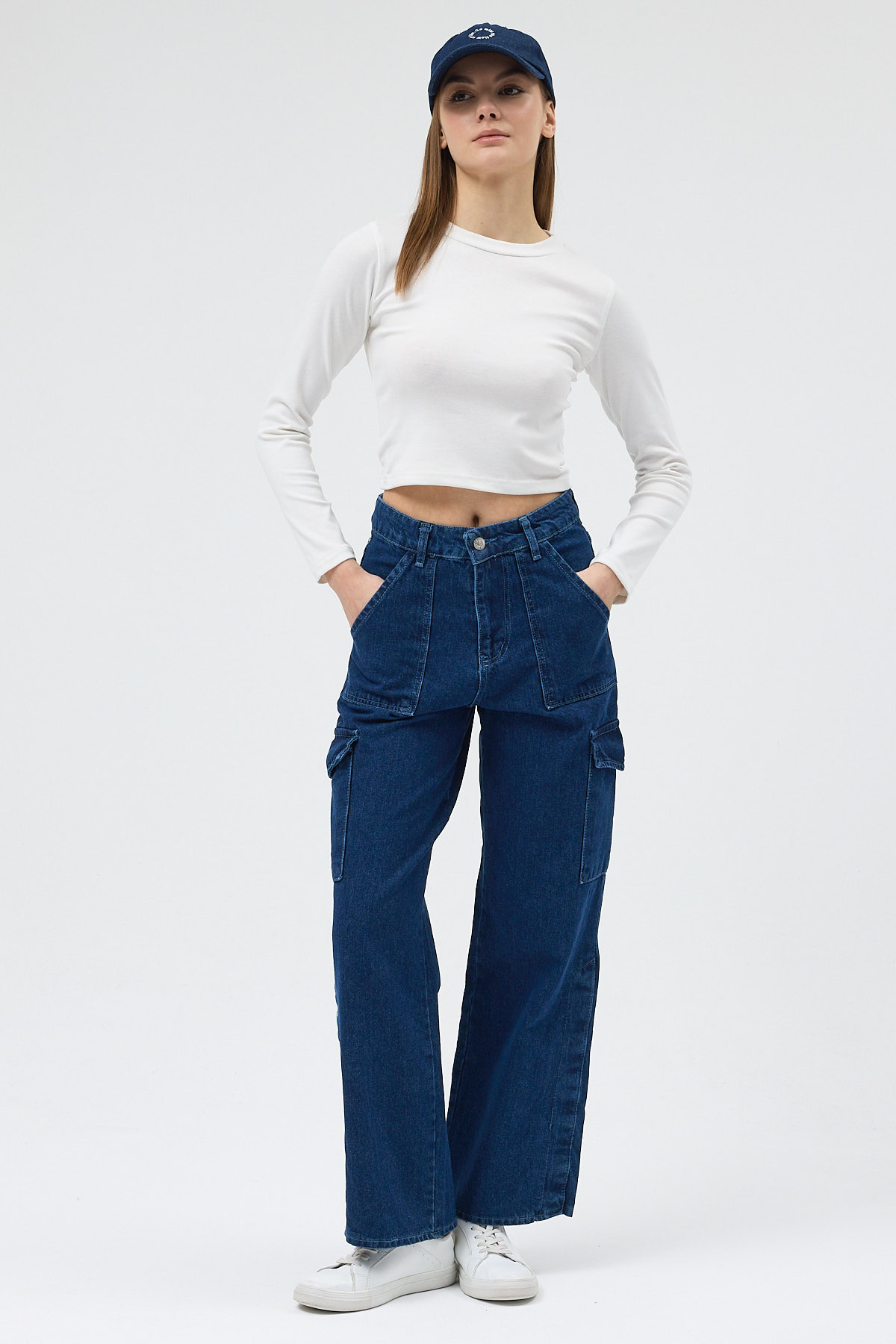 Koyu Mavi Kadın Yüksek Bel Jean Kargo Pantolon 1053 - 6